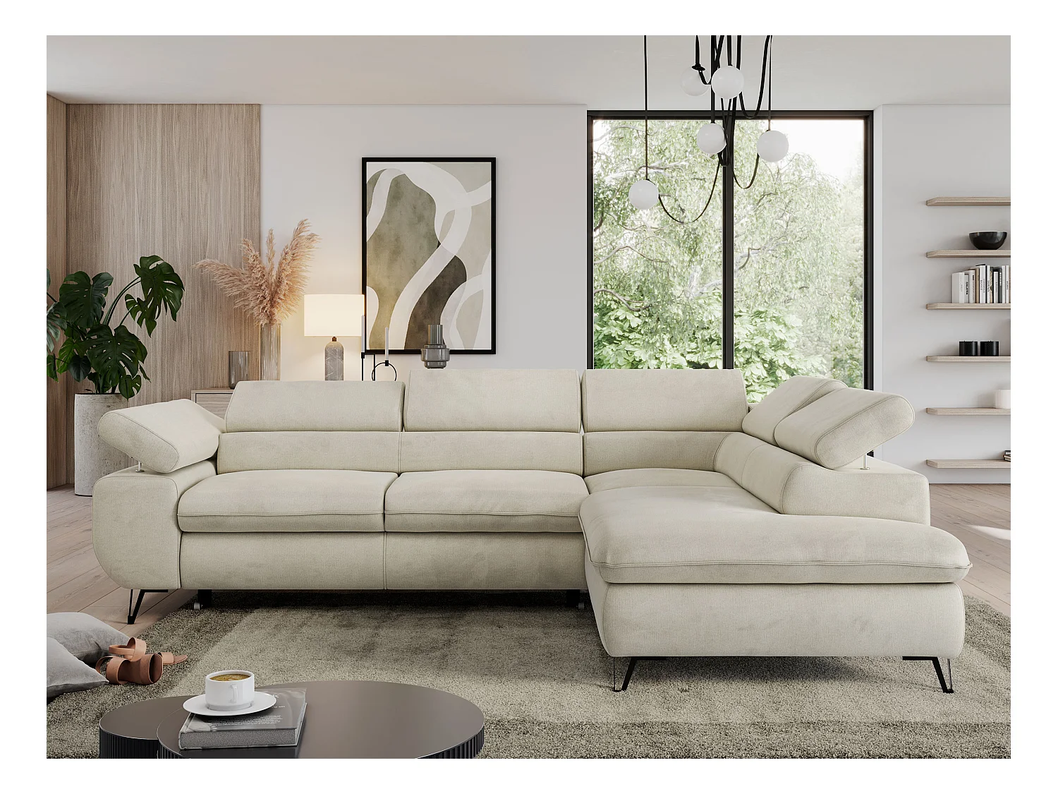 Ecksofa PEDRO - L-Form mit Schlaffunktion 200x125 cm, verstellbaren Kopfstützen - Beige Velvet - Ecke Rechts