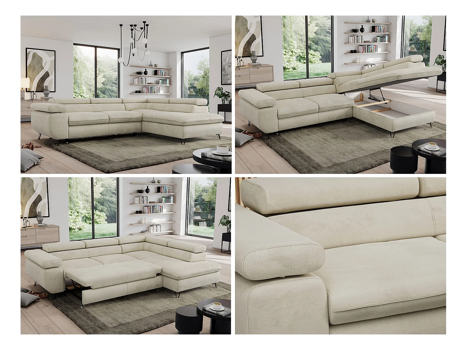 Ecksofa PEDRO - L-Form mit Schlaffunktion 200x125 cm, verstellbaren Kopfstützen - Beige Velvet - Ecke Rechts