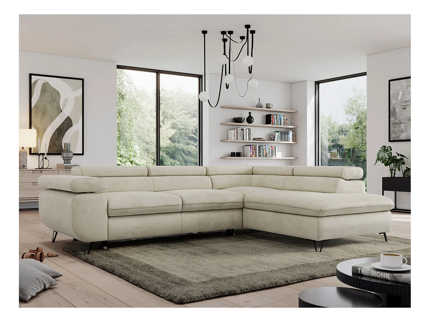 Ecksofa PEDRO - L-Form mit Schlaffunktion 200x125 cm, verstellbaren Kopfstützen - Beige Velvet - Ecke Rechts