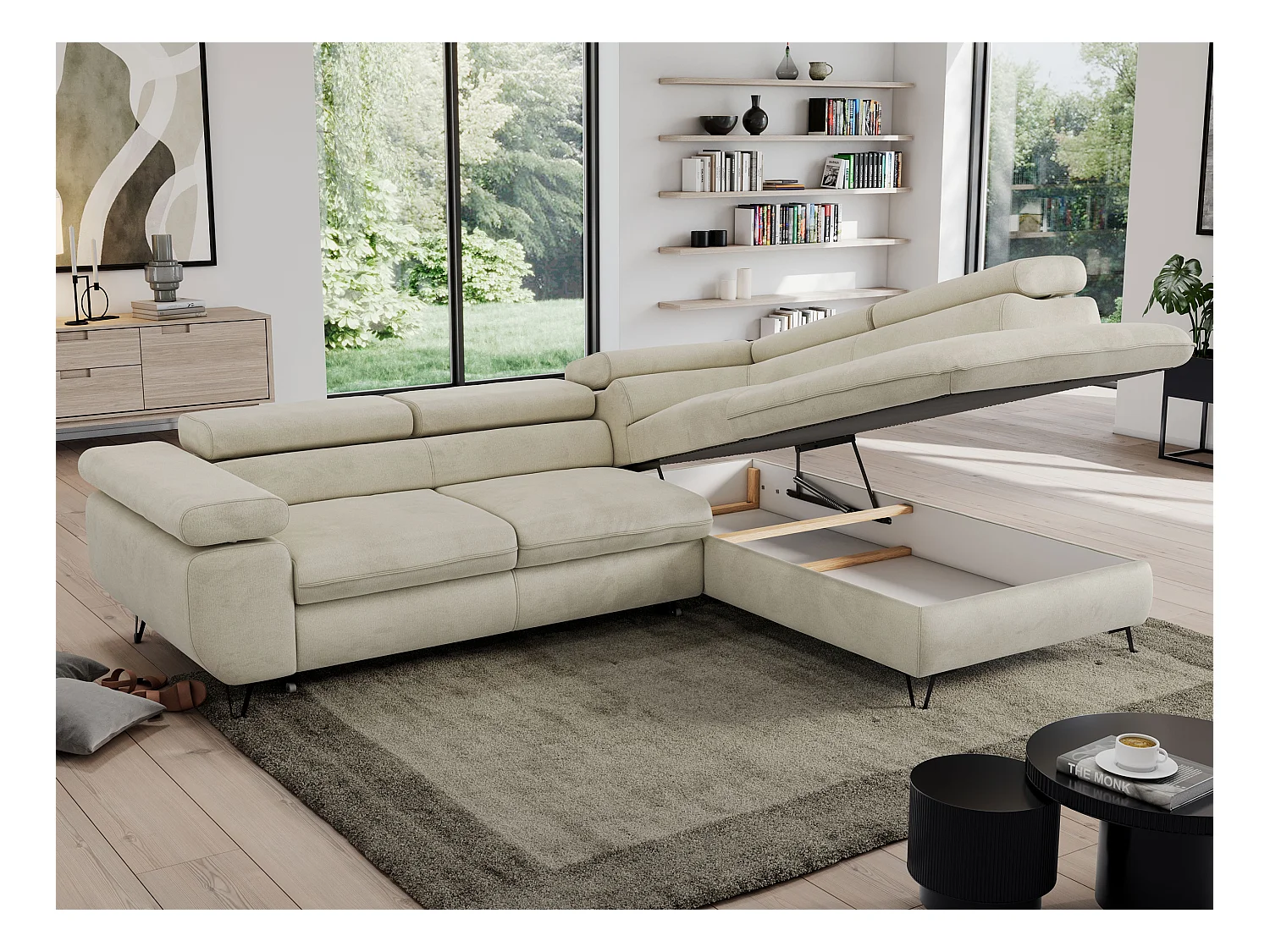 Ecksofa PEDRO - L-Form mit Schlaffunktion 200x125 cm, verstellbaren Kopfstützen - Beige Velvet - Ecke Rechts