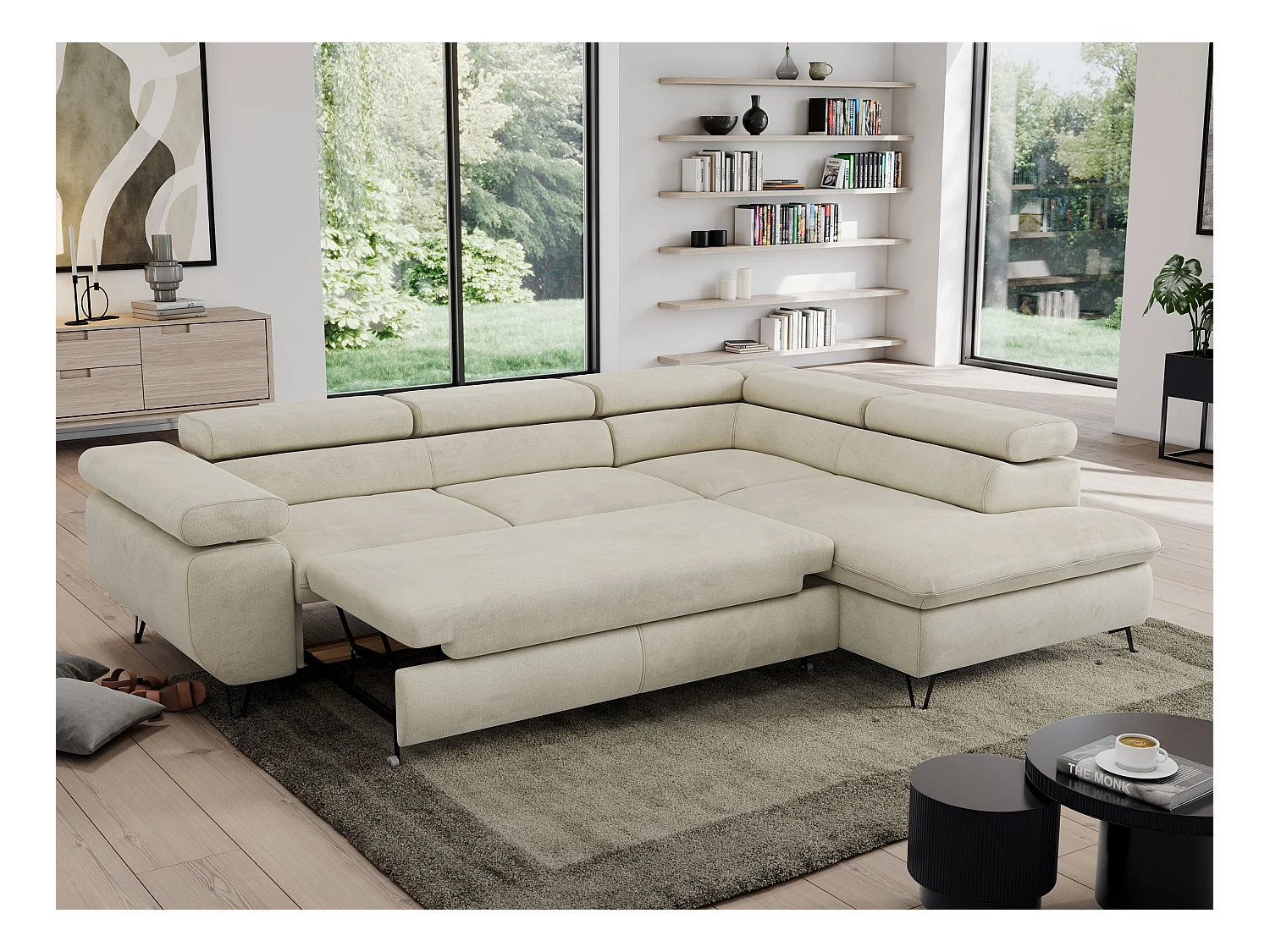 Ecksofa PEDRO - L-Form mit Schlaffunktion 200x125 cm, verstellbaren Kopfstützen - Beige Velvet - Ecke Rechts