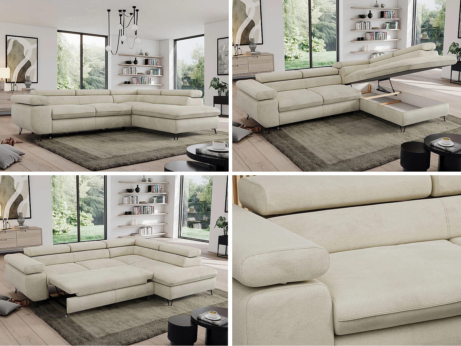 Ecksofa PEDRO - L-Form mit Schlaffunktion 200x125 cm, verstellbaren Kopfstützen - Beige Velvet - Ecke Rechts