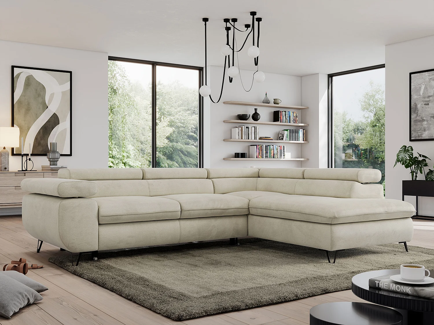 Ecksofa PEDRO - L-Form mit Schlaffunktion 200x125 cm, verstellbaren Kopfstützen - Beige Velvet - Ecke Rechts