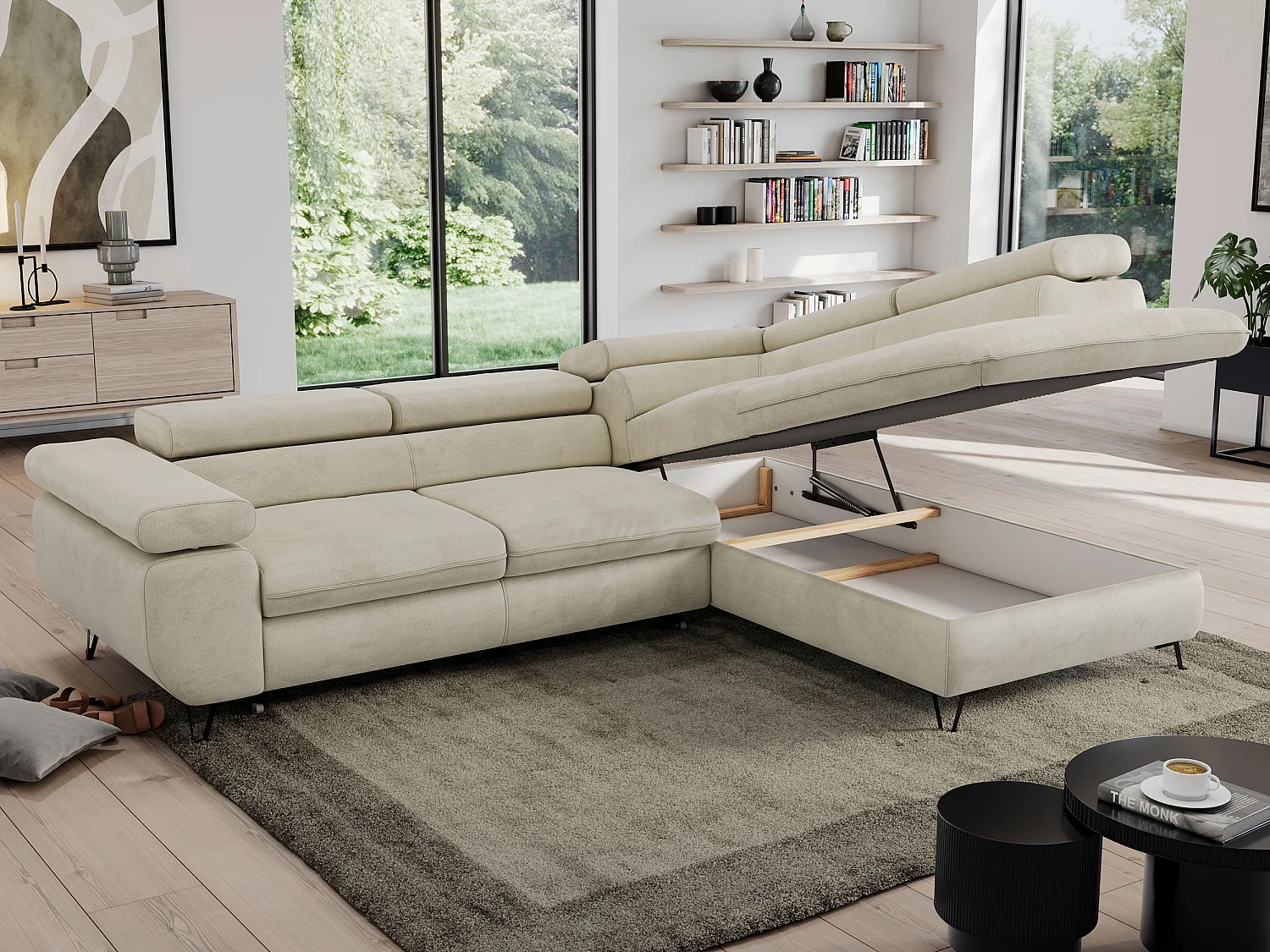 Ecksofa PEDRO - L-Form mit Schlaffunktion 200x125 cm, verstellbaren Kopfstützen - Beige Velvet - Ecke Rechts