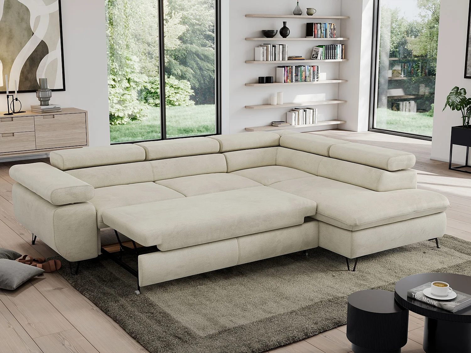 Ecksofa PEDRO - L-Form mit Schlaffunktion 200x125 cm, verstellbaren Kopfstützen - Beige Velvet - Ecke Rechts