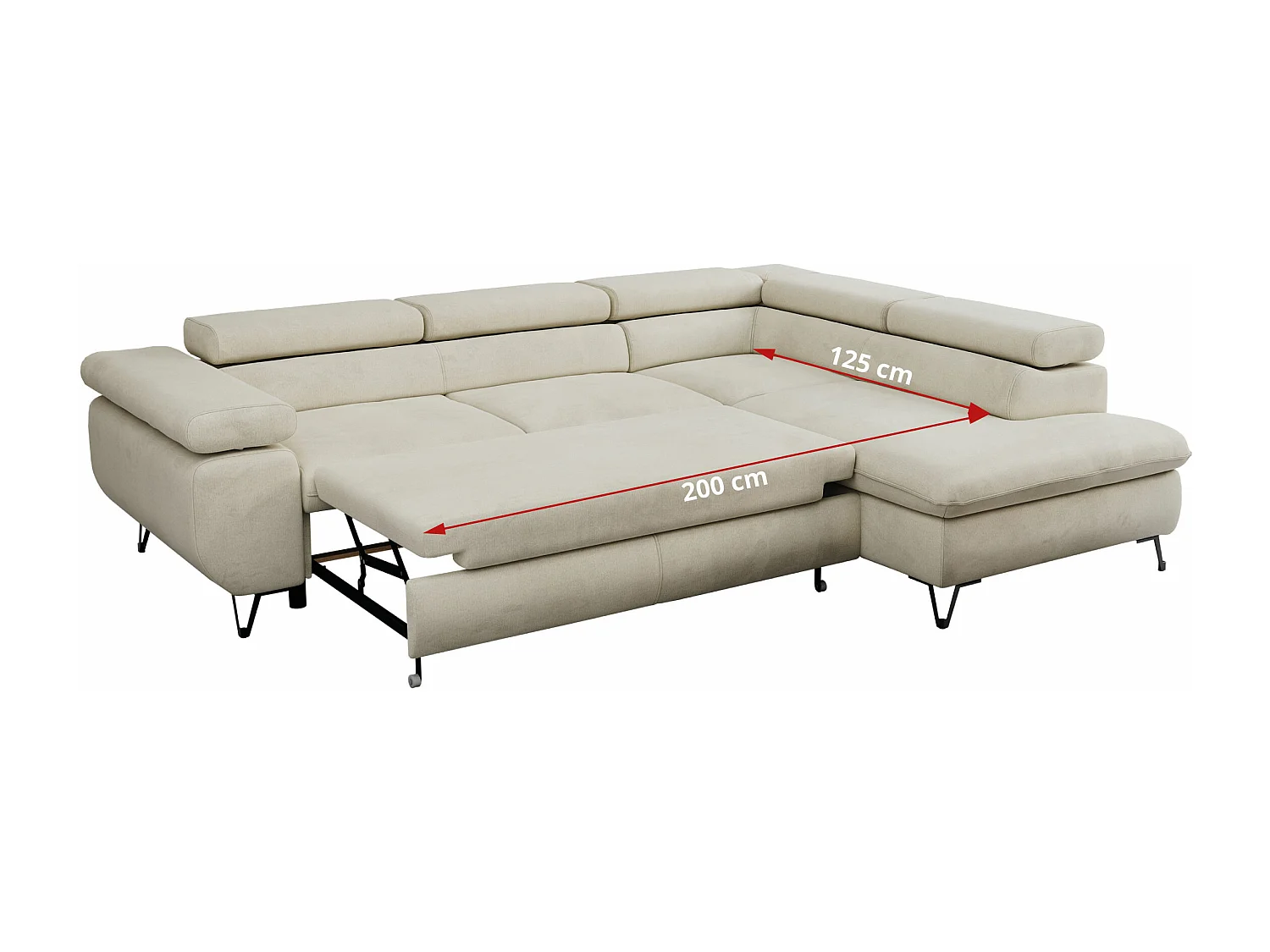 Ecksofa PEDRO - L-Form mit Schlaffunktion 200x125 cm, verstellbaren Kopfstützen - Beige Velvet - Ecke Rechts