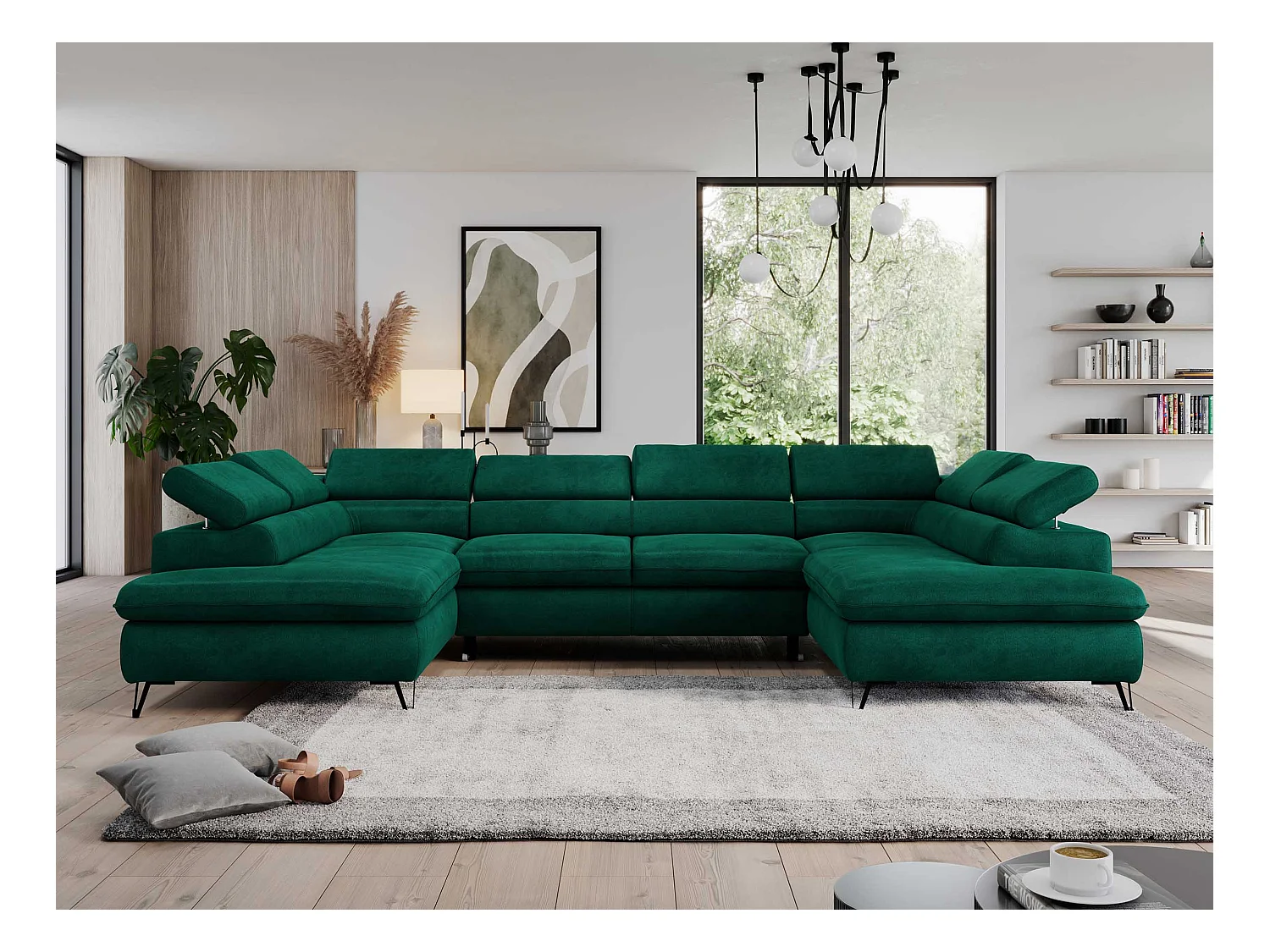 Ecksofa PEDRO U - XXL U-förmige Ecke, schlaffunktion und Bettkästen - Grün Velvet