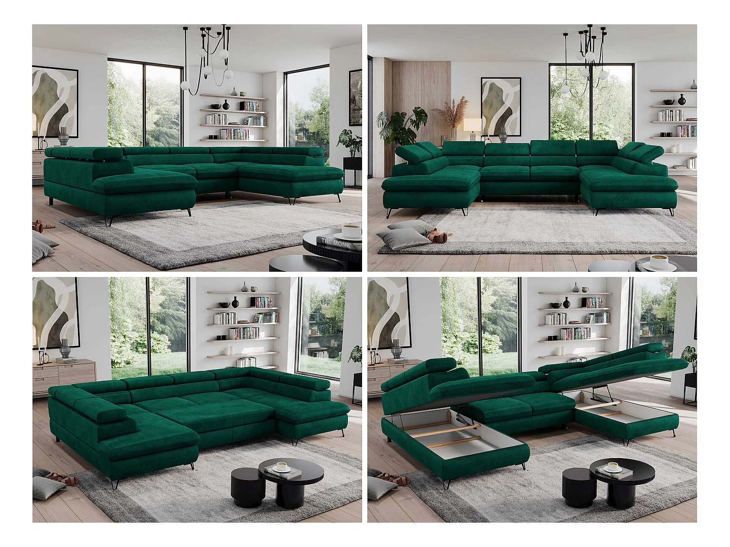 Ecksofa PEDRO U - XXL U-förmige Ecke, schlaffunktion und Bettkästen - Grün Velvet