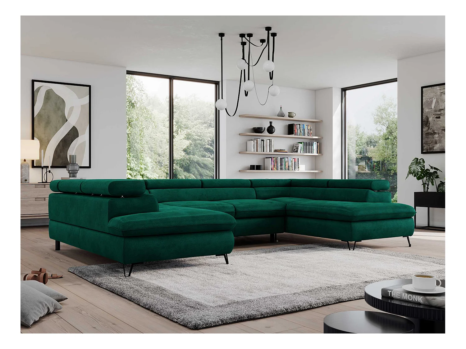 Ecksofa PEDRO U - XXL U-förmige Ecke, schlaffunktion und Bettkästen - Grün Velvet