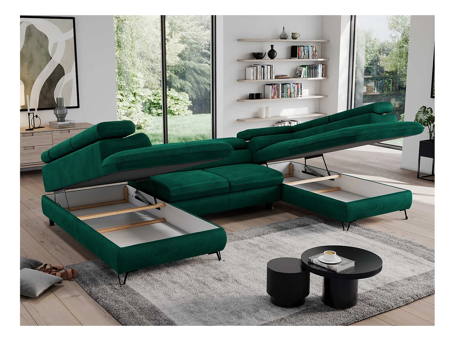 Ecksofa PEDRO U - XXL U-förmige Ecke, schlaffunktion und Bettkästen - Grün Velvet