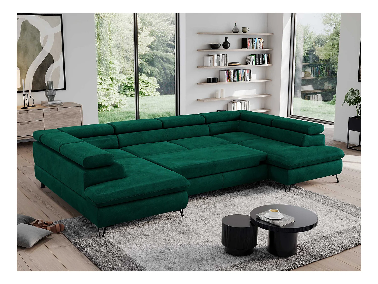 Ecksofa PEDRO U - XXL U-förmige Ecke, schlaffunktion und Bettkästen - Grün Velvet