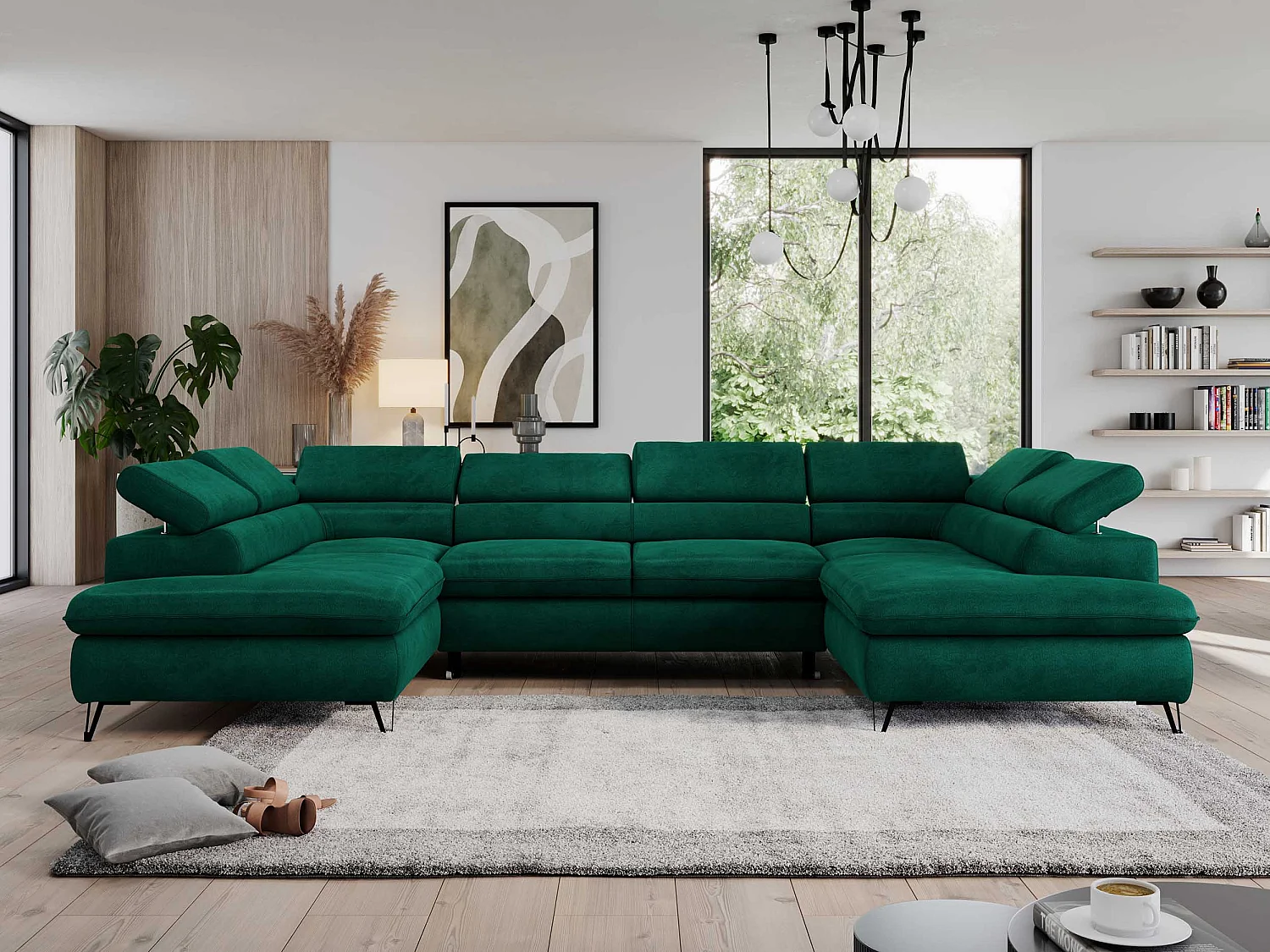 Ecksofa PEDRO U - XXL U-förmige Ecke, schlaffunktion und Bettkästen - Grün Velvet