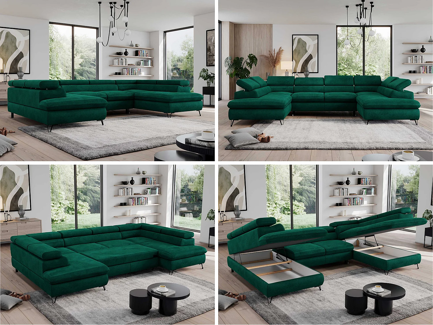 Ecksofa PEDRO U - XXL U-förmige Ecke, schlaffunktion und Bettkästen - Grün Velvet