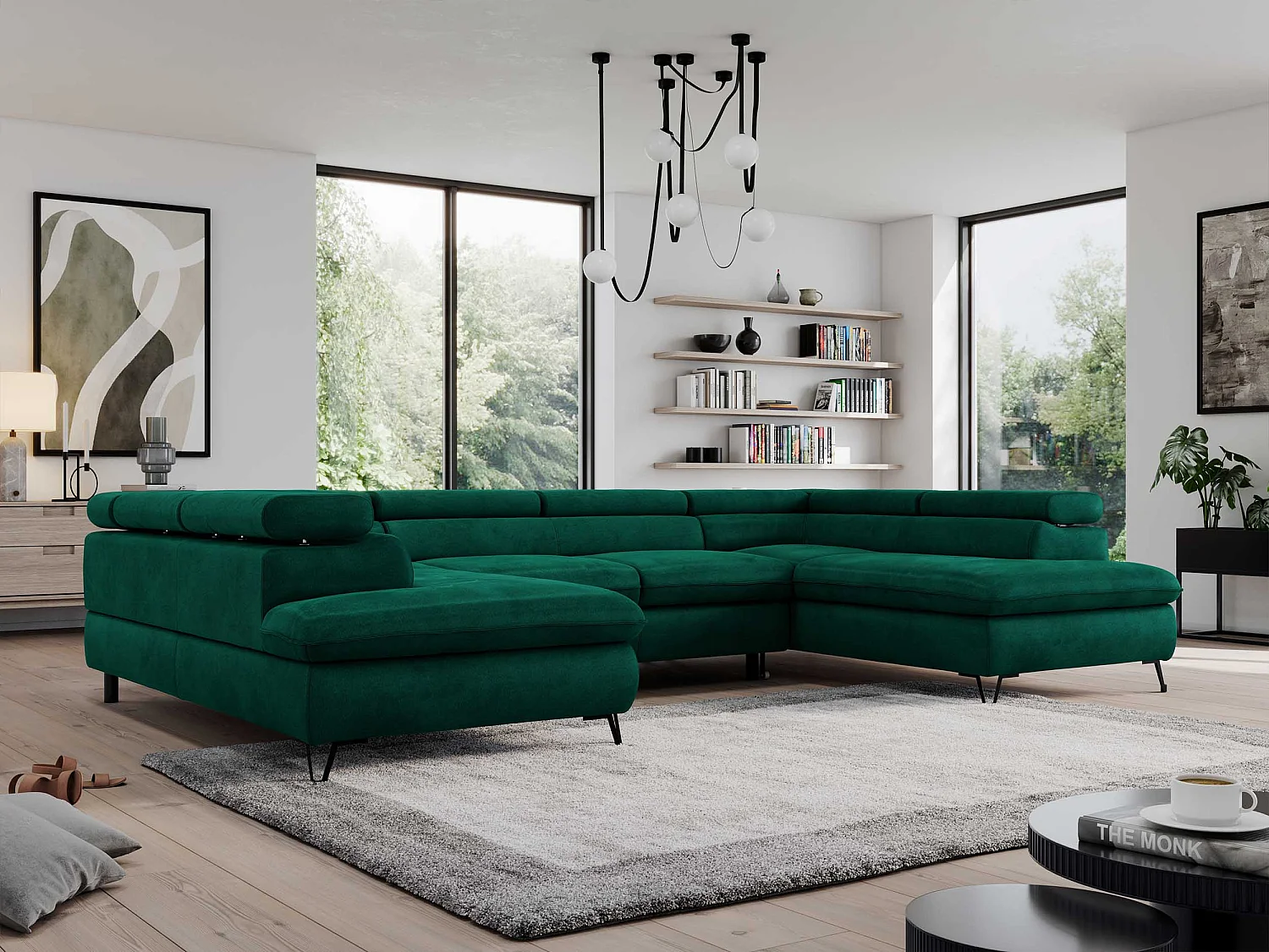 Ecksofa PEDRO U - XXL U-förmige Ecke, schlaffunktion und Bettkästen - Grün Velvet