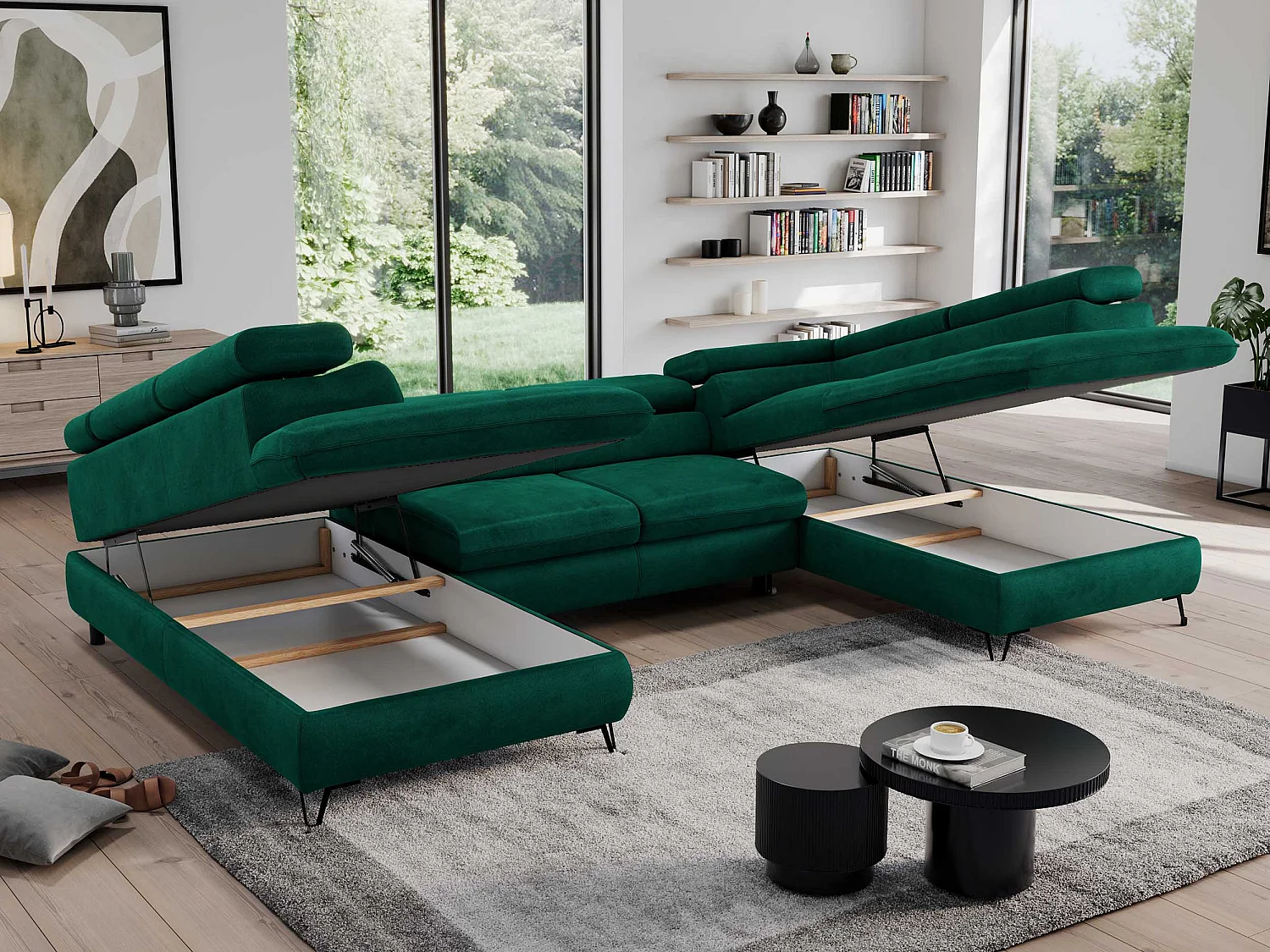 Ecksofa PEDRO U - XXL U-förmige Ecke, schlaffunktion und Bettkästen - Grün Velvet