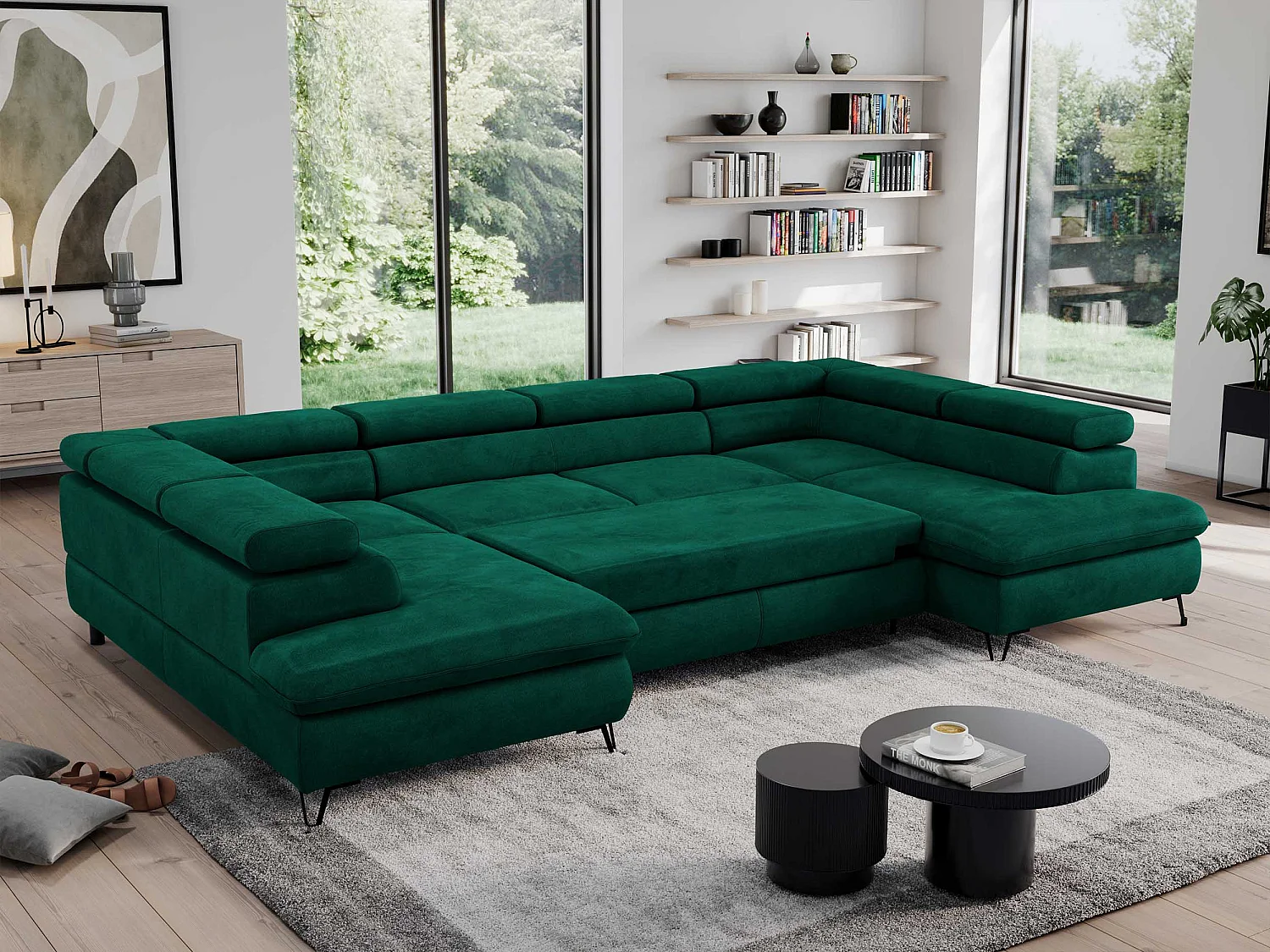 Ecksofa PEDRO U - XXL U-förmige Ecke, schlaffunktion und Bettkästen - Grün Velvet