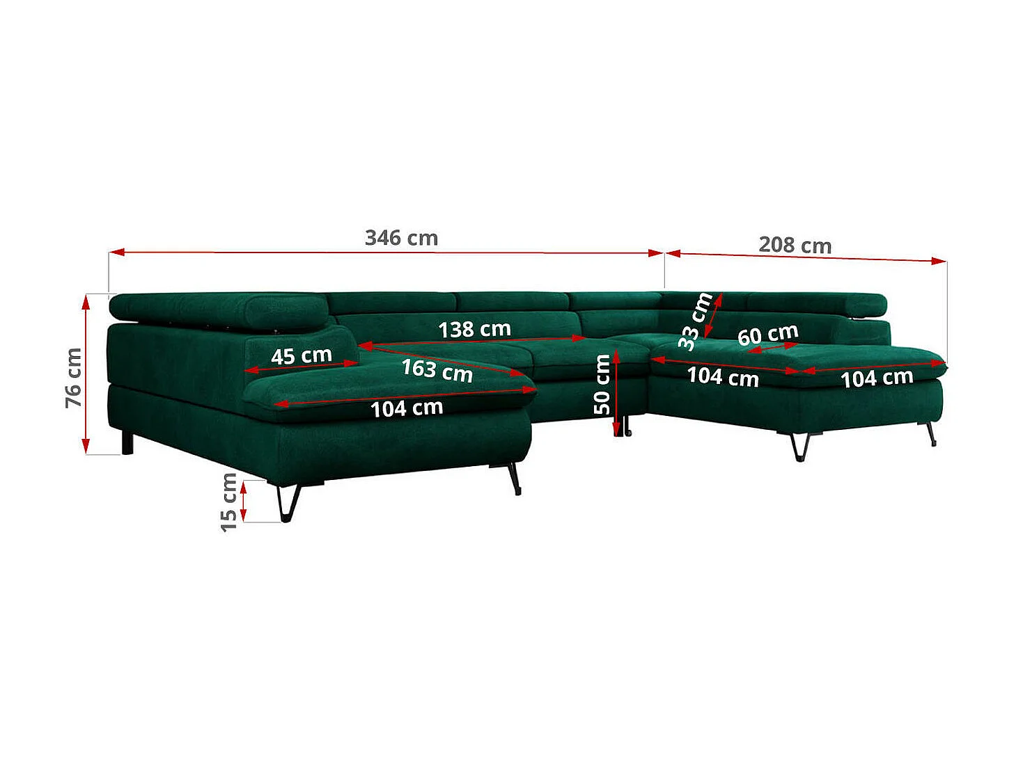 Ecksofa PEDRO U - XXL U-förmige Ecke, schlaffunktion und Bettkästen - Grün Velvet