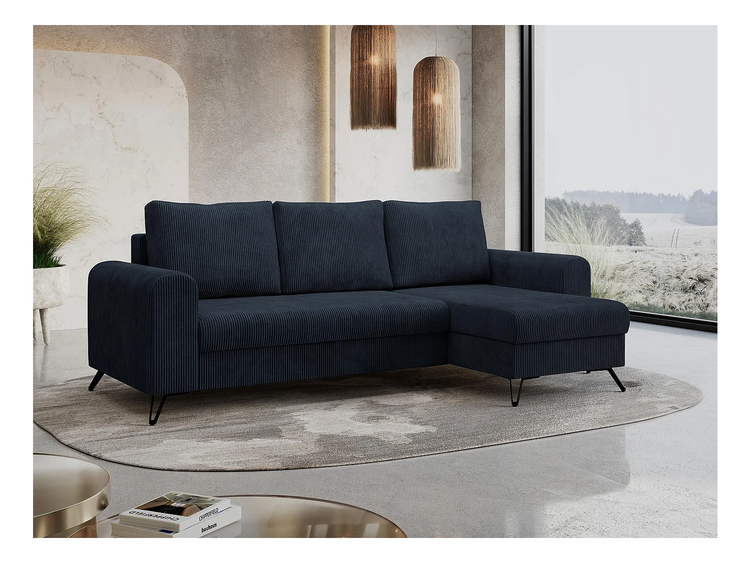 Ecksofa HUGO - L-Form mit Schlaffunktion, lose Kissen - Dunkelblau Cord