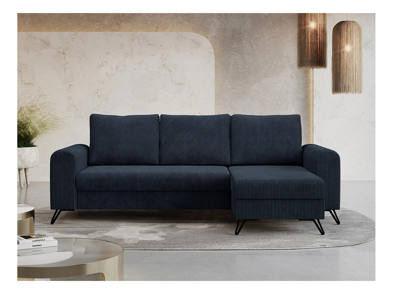 Ecksofa HUGO - L-Form mit Schlaffunktion, lose Kissen - Dunkelblau Cord