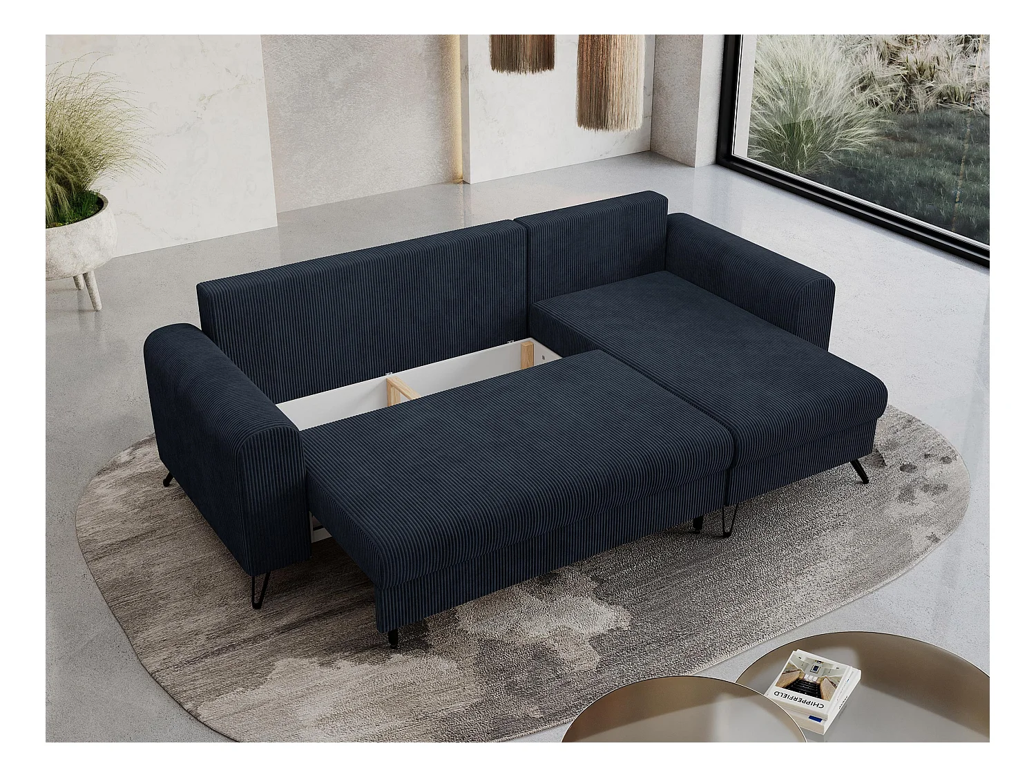 Ecksofa HUGO - L-Form mit Schlaffunktion, lose Kissen - Dunkelblau Cord
