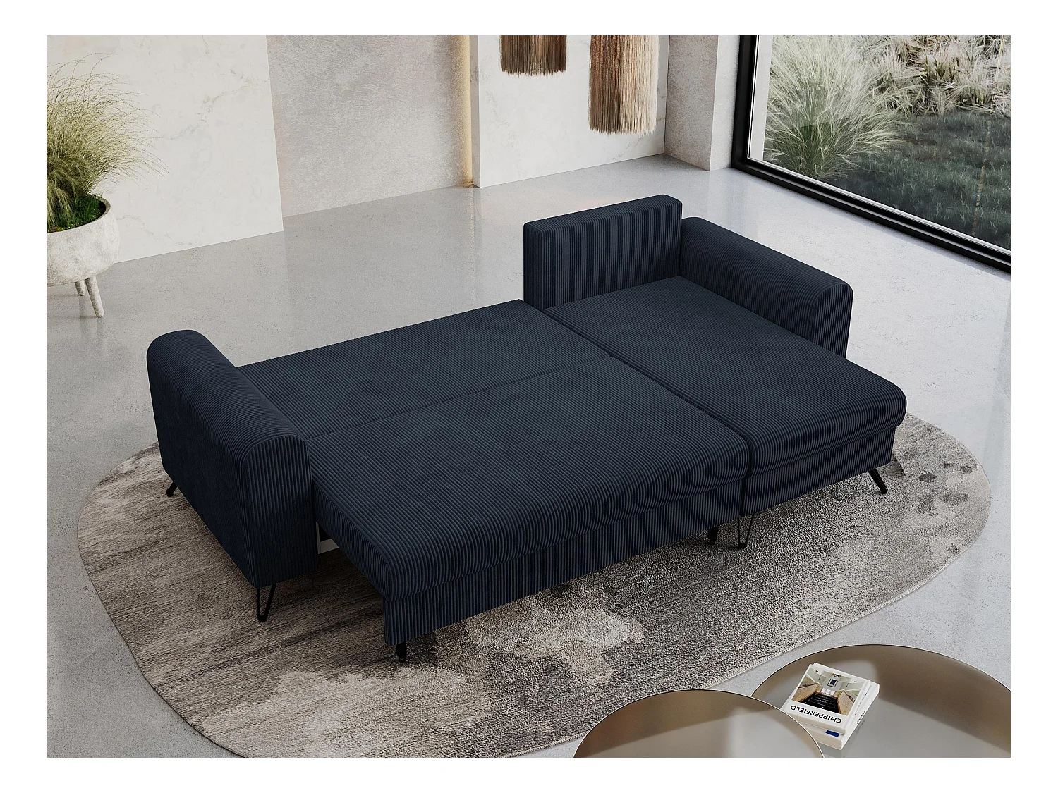 Ecksofa HUGO - L-Form mit Schlaffunktion, lose Kissen - Dunkelblau Cord