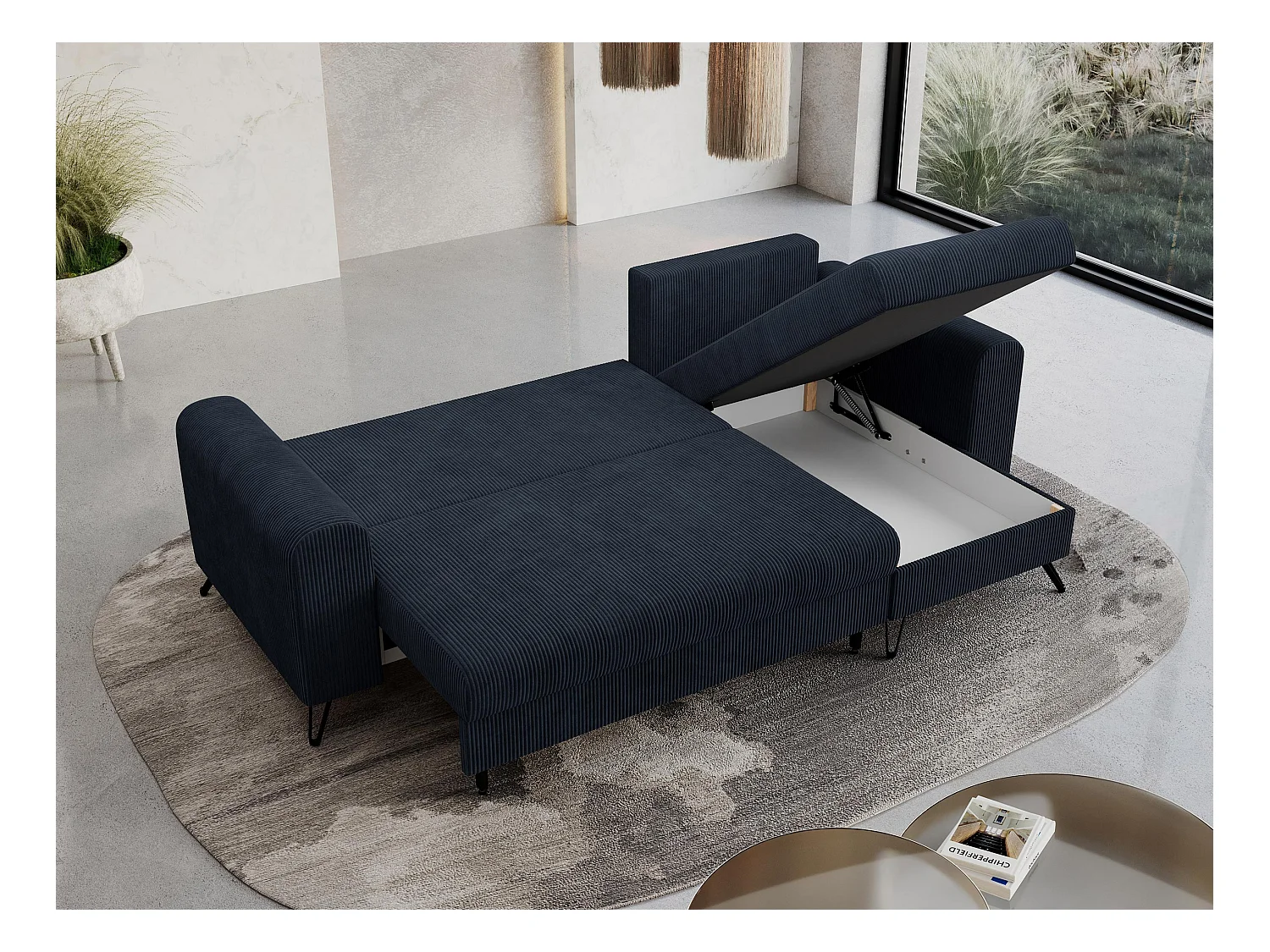 Ecksofa HUGO - L-Form mit Schlaffunktion, lose Kissen - Dunkelblau Cord