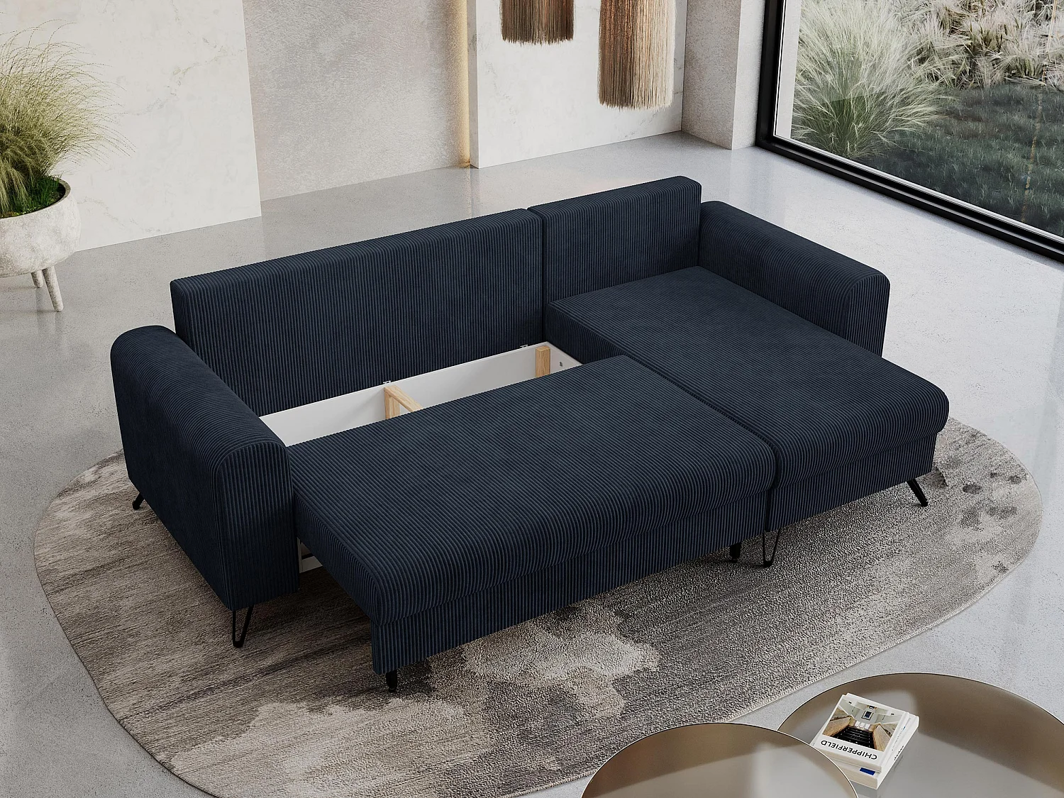 Ecksofa HUGO - L-Form mit Schlaffunktion, lose Kissen - Dunkelblau Cord