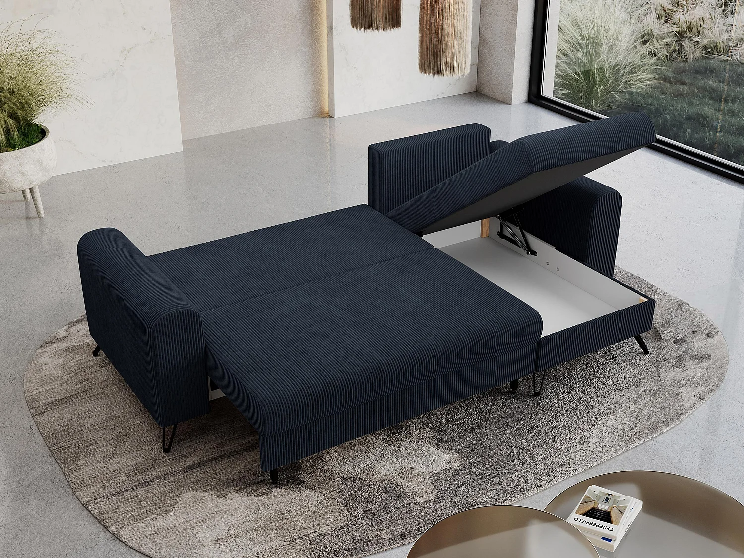 Ecksofa HUGO - L-Form mit Schlaffunktion, lose Kissen - Dunkelblau Cord