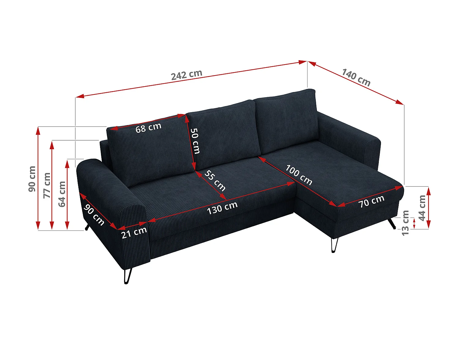 Ecksofa HUGO - L-Form mit Schlaffunktion, lose Kissen - Dunkelblau Cord