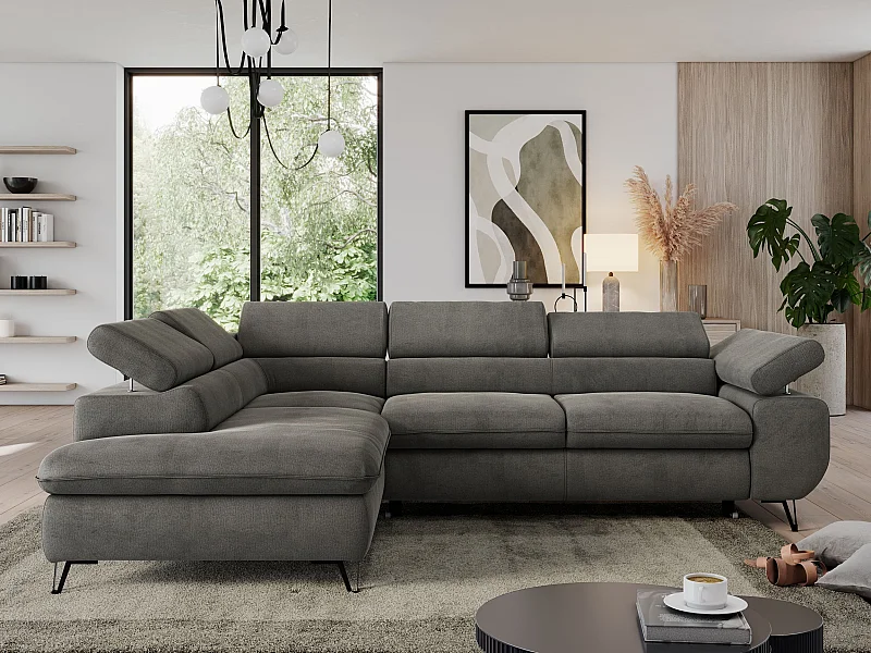 Ecksofa PEDRO - L-Form mit Schlaffunktion 200x125 cm, verstellbaren Kopfstützen - Dunkelgrau Velvet - Ecke Links