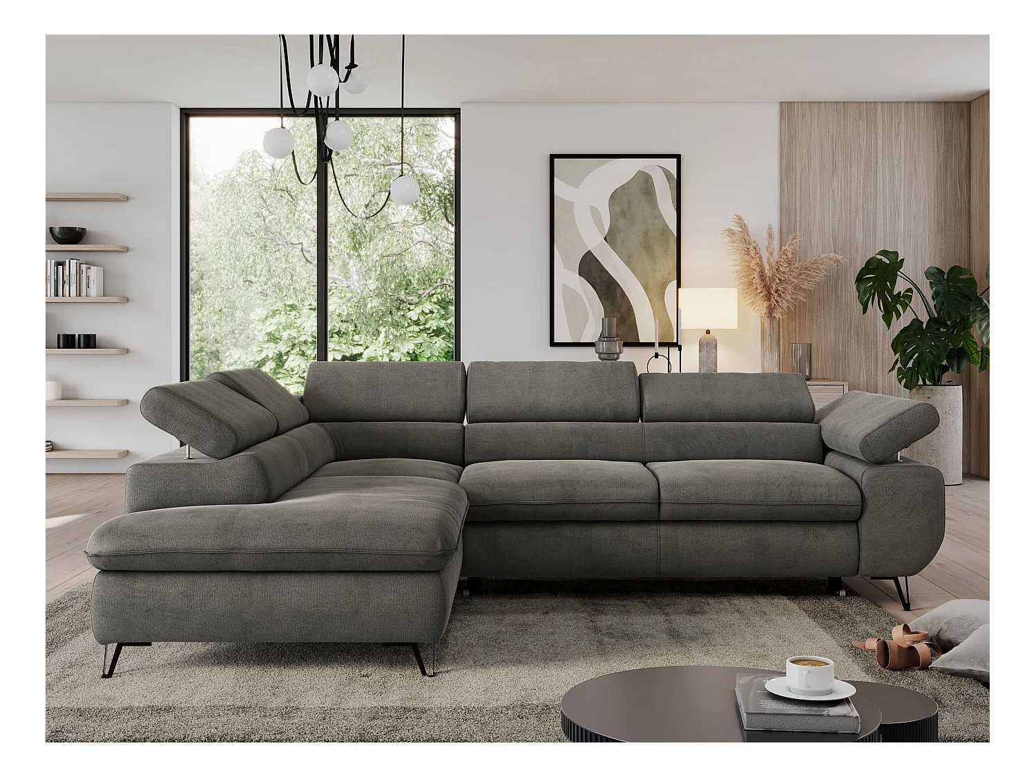 Ecksofa PEDRO - L-Form mit Schlaffunktion 200x125 cm, verstellbaren Kopfstützen - Dunkelgrau Velvet - Ecke Links