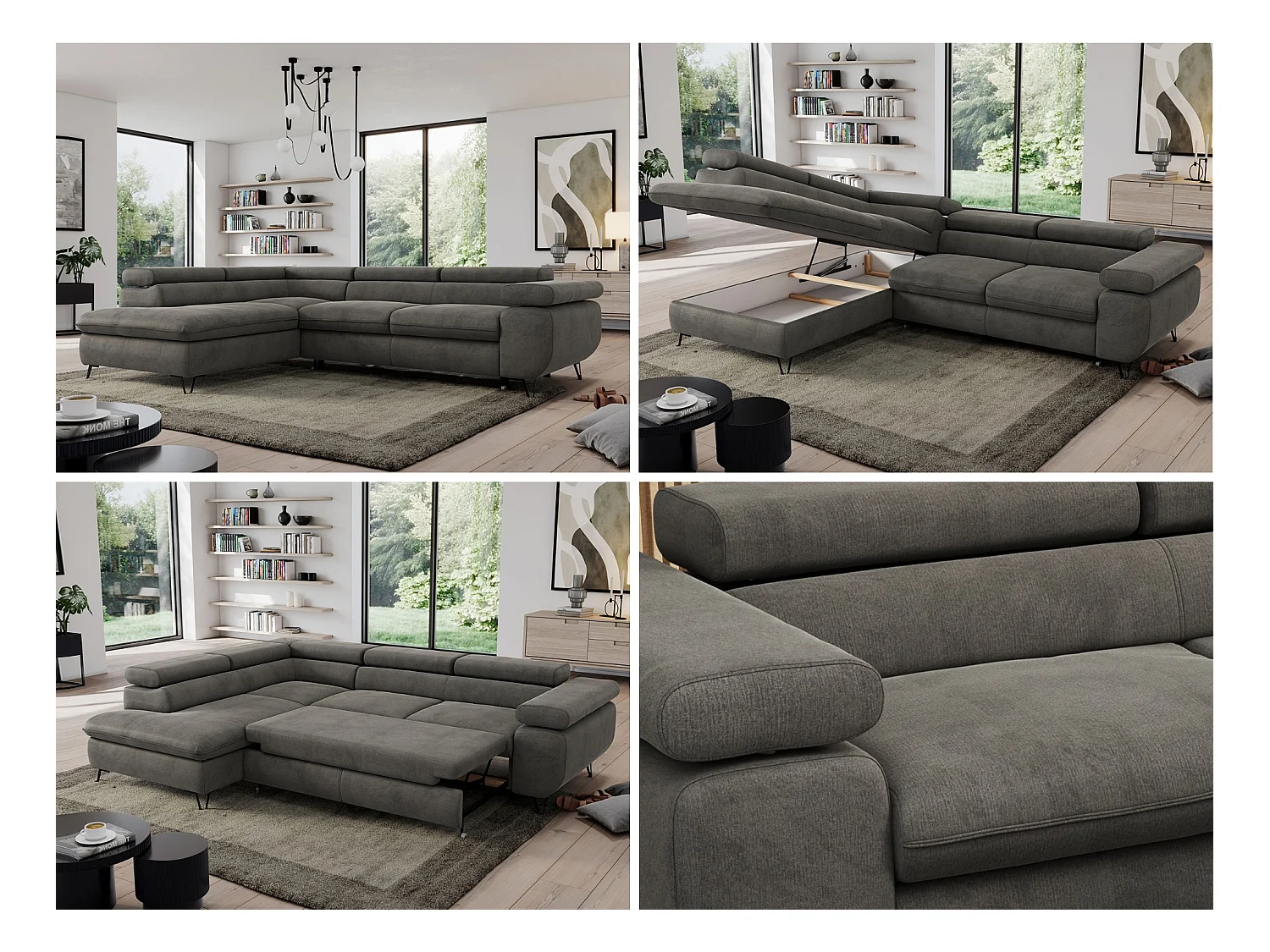 Ecksofa PEDRO - L-Form mit Schlaffunktion 200x125 cm, verstellbaren Kopfstützen - Dunkelgrau Velvet - Ecke Links