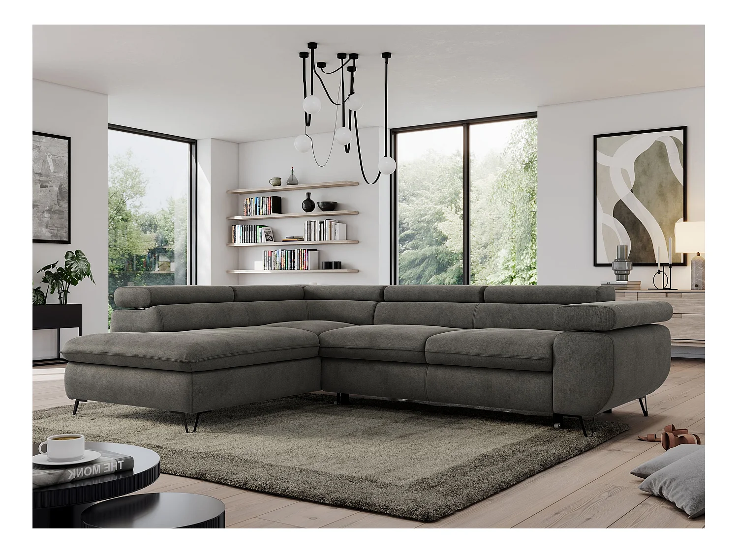 Ecksofa PEDRO - L-Form mit Schlaffunktion 200x125 cm, verstellbaren Kopfstützen - Dunkelgrau Velvet - Ecke Links