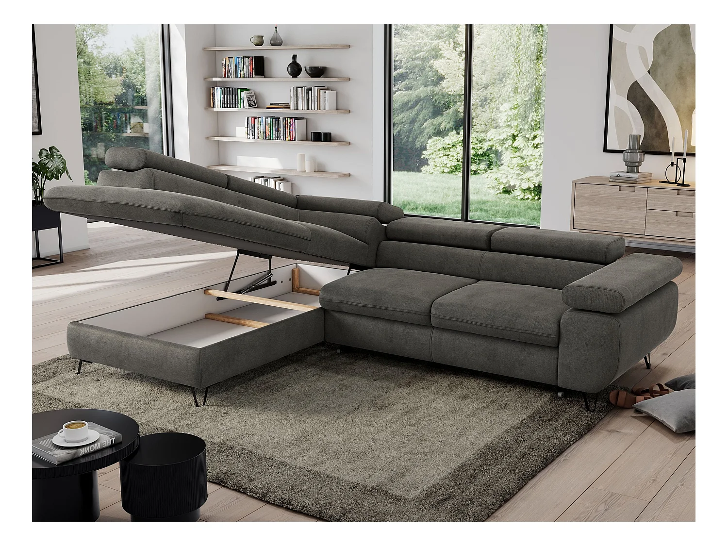 Ecksofa PEDRO - L-Form mit Schlaffunktion 200x125 cm, verstellbaren Kopfstützen - Dunkelgrau Velvet - Ecke Links