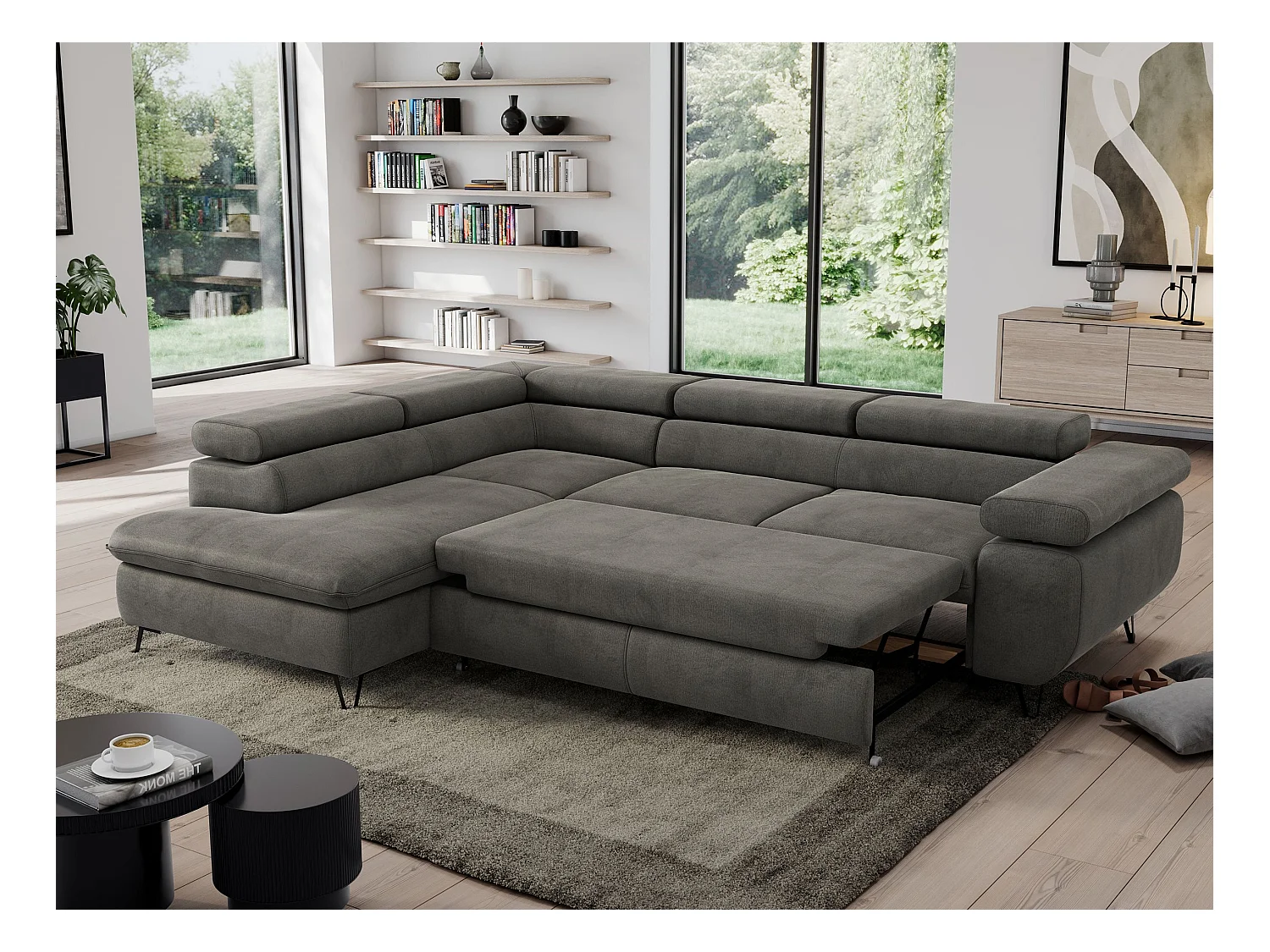 Ecksofa PEDRO - L-Form mit Schlaffunktion 200x125 cm, verstellbaren Kopfstützen - Dunkelgrau Velvet - Ecke Links