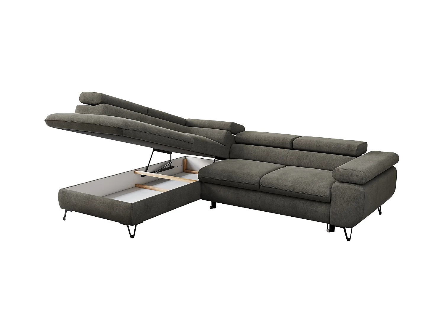 Ecksofa PEDRO - L-Form mit Schlaffunktion 200x125 cm, verstellbaren Kopfstützen - Dunkelgrau Velvet - Ecke Links