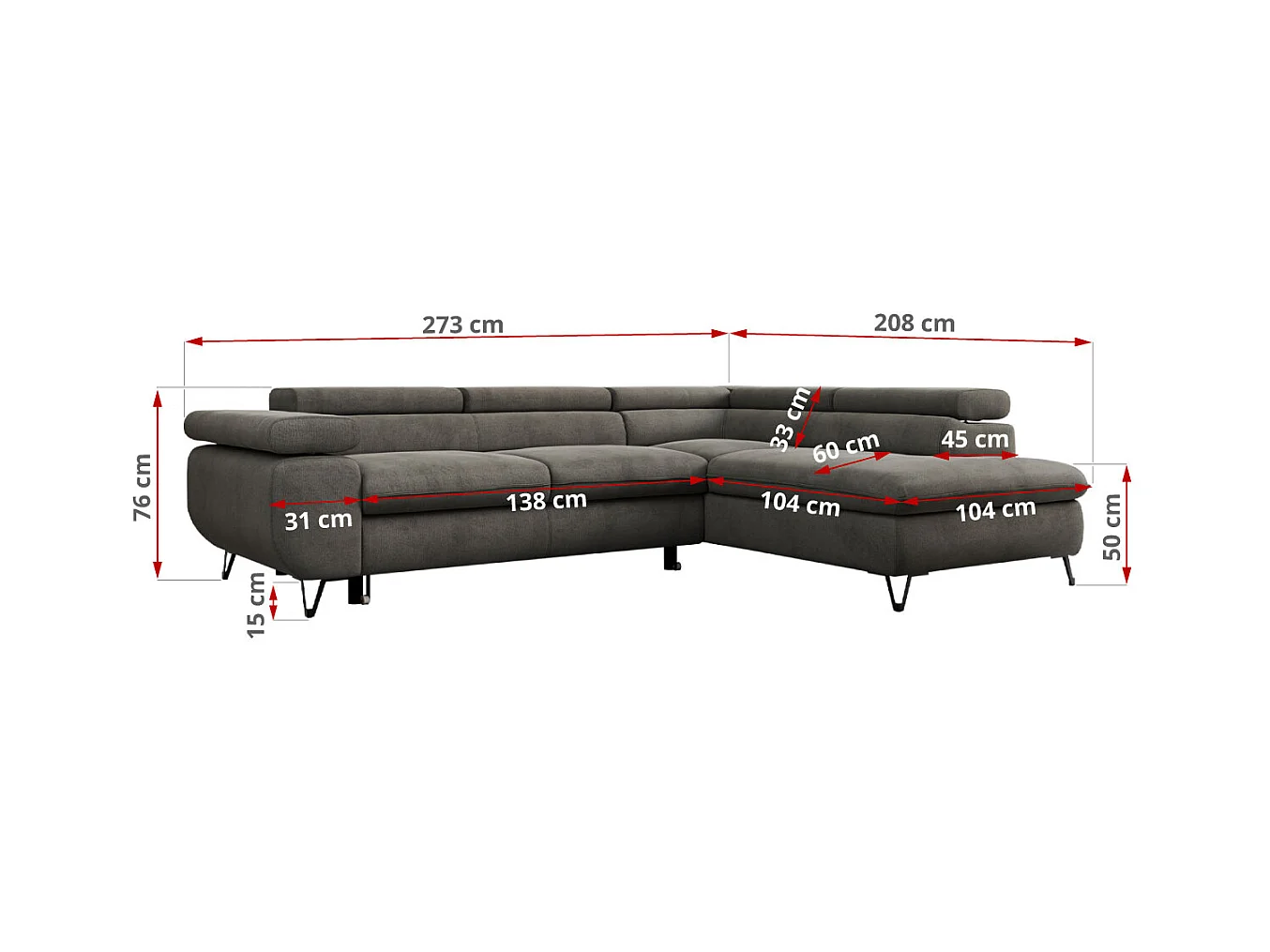 Ecksofa PEDRO - L-Form mit Schlaffunktion 200x125 cm, verstellbaren Kopfstützen - Dunkelgrau Velvet - Ecke Links