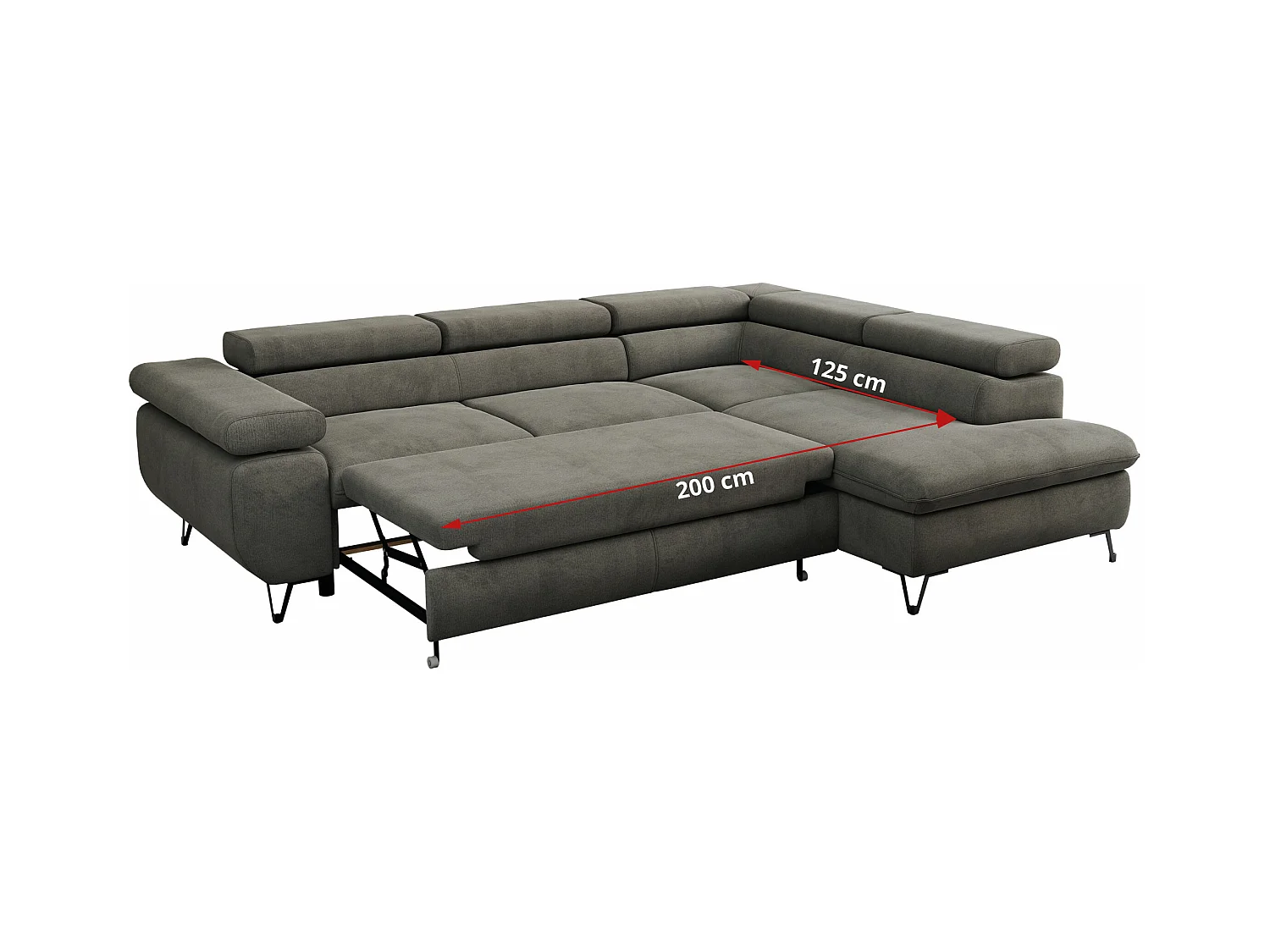 Ecksofa PEDRO - L-Form mit Schlaffunktion 200x125 cm, verstellbaren Kopfstützen - Dunkelgrau Velvet - Ecke Links