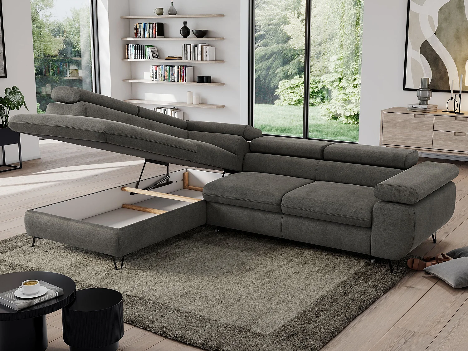 Ecksofa PEDRO - L-Form mit Schlaffunktion 200x125 cm, verstellbaren Kopfstützen - Dunkelgrau Velvet - Ecke Links