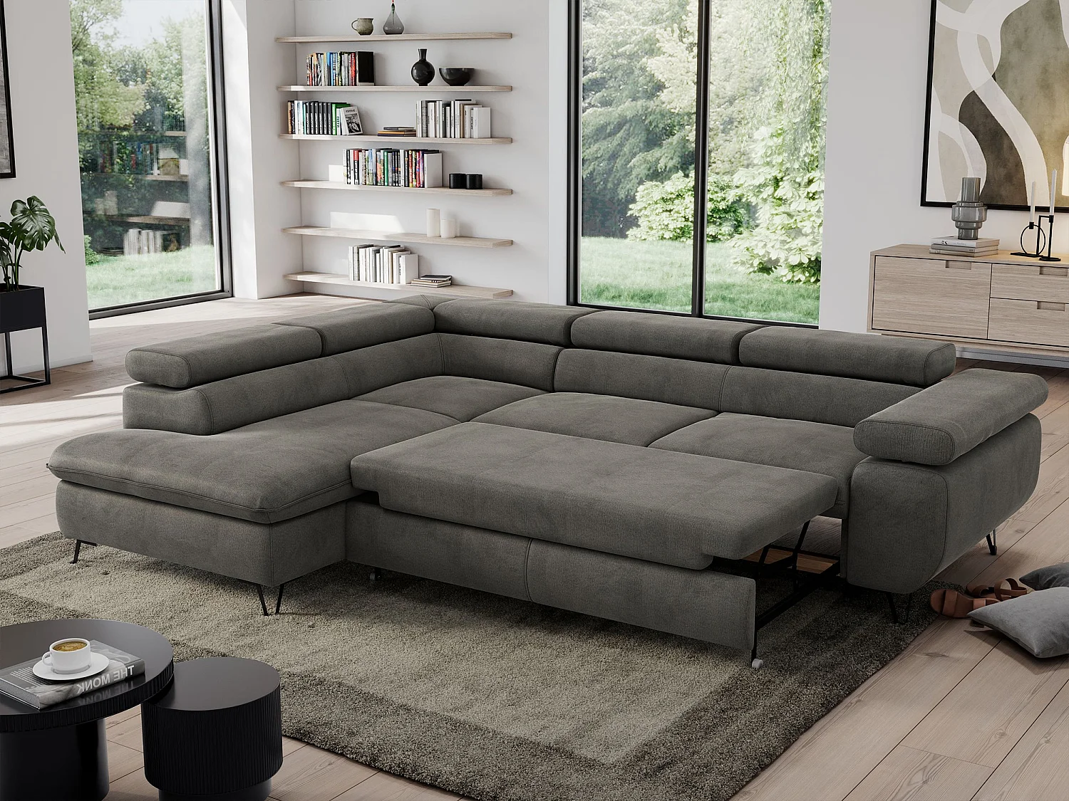Ecksofa PEDRO - L-Form mit Schlaffunktion 200x125 cm, verstellbaren Kopfstützen - Dunkelgrau Velvet - Ecke Links