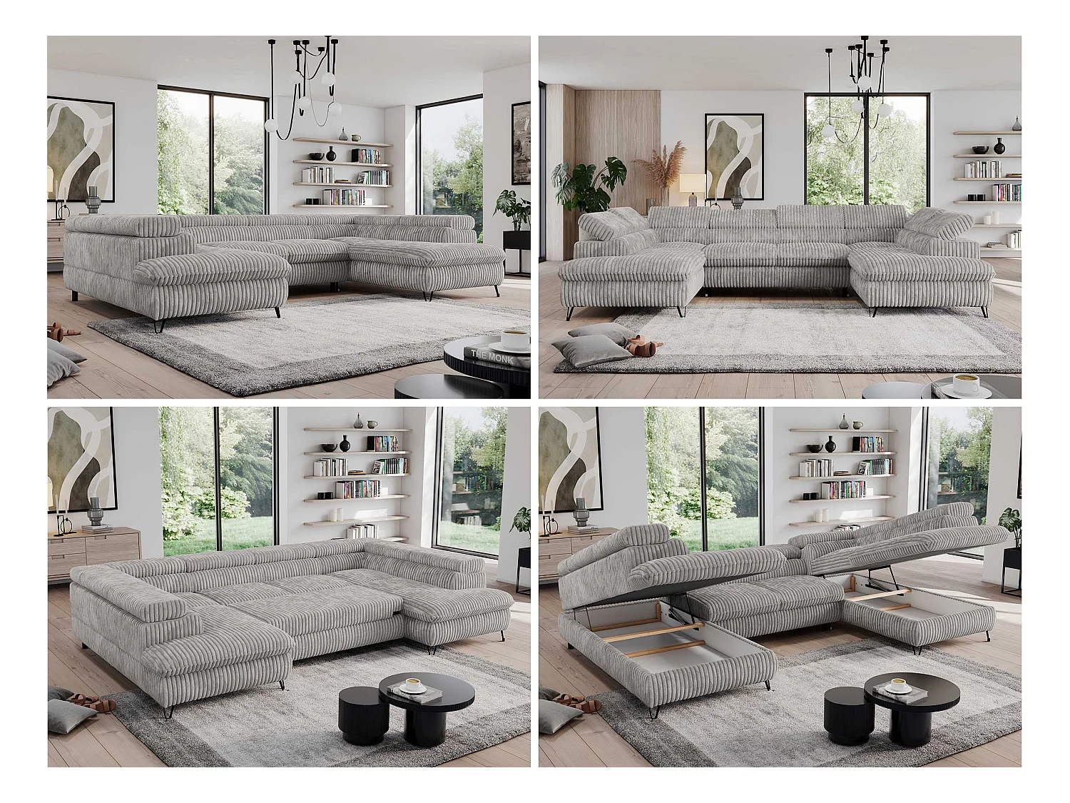 Ecksofa PEDRO U - XXL U-förmige Ecke, schlaffunktion und Bettkästen - Grau Cord