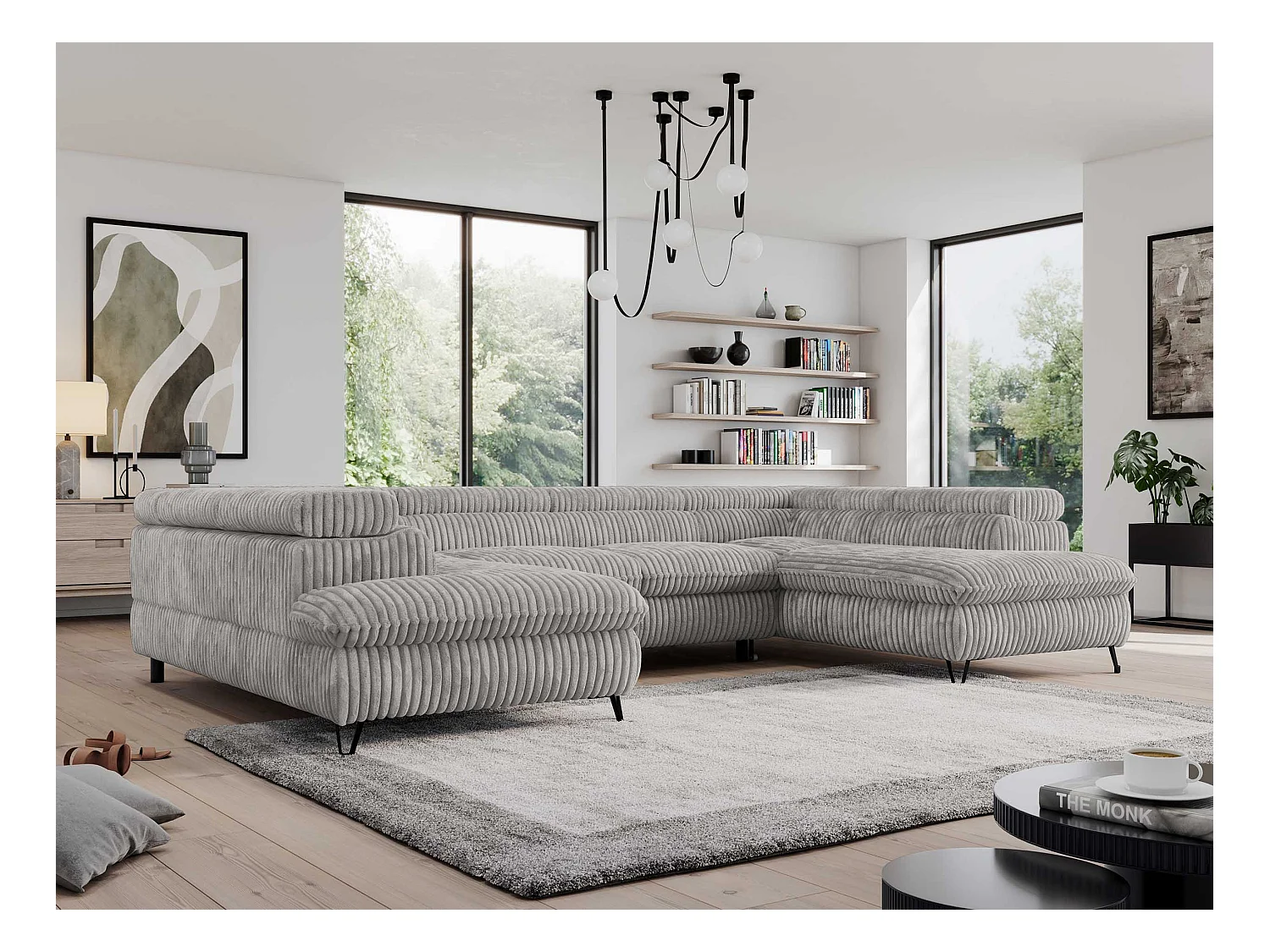 Ecksofa PEDRO U - XXL U-förmige Ecke, schlaffunktion und Bettkästen - Grau Cord