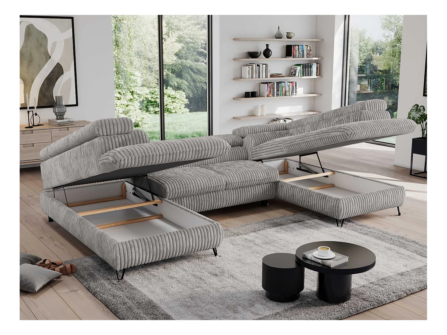 Ecksofa PEDRO U - XXL U-förmige Ecke, schlaffunktion und Bettkästen - Grau Cord