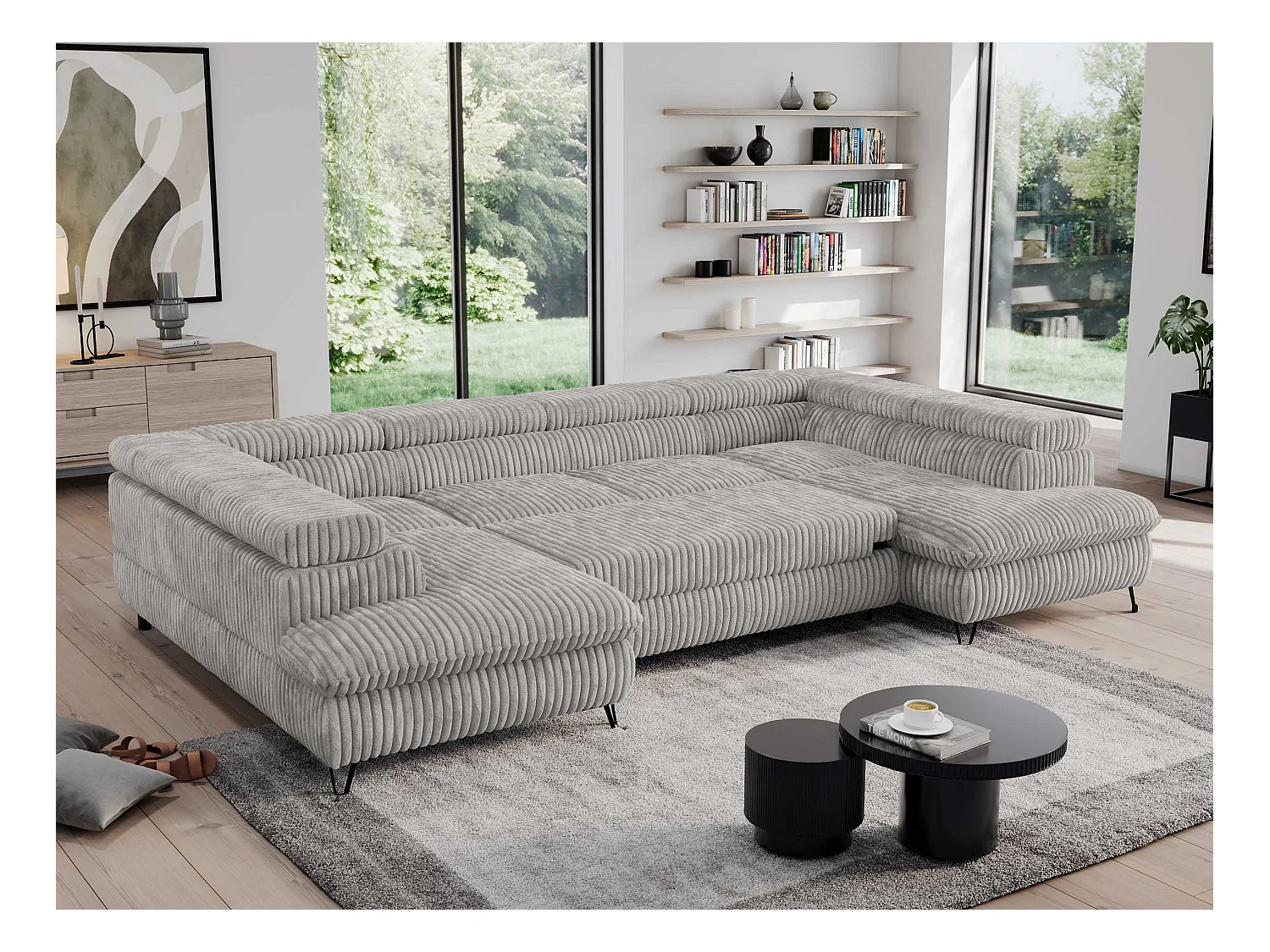 Ecksofa PEDRO U - XXL U-förmige Ecke, schlaffunktion und Bettkästen - Grau Cord