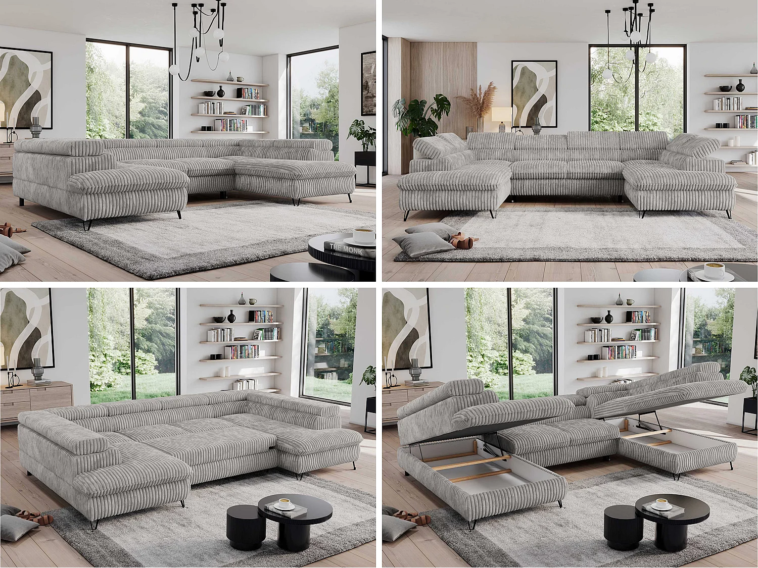 Ecksofa PEDRO U - XXL U-förmige Ecke, schlaffunktion und Bettkästen - Grau Cord