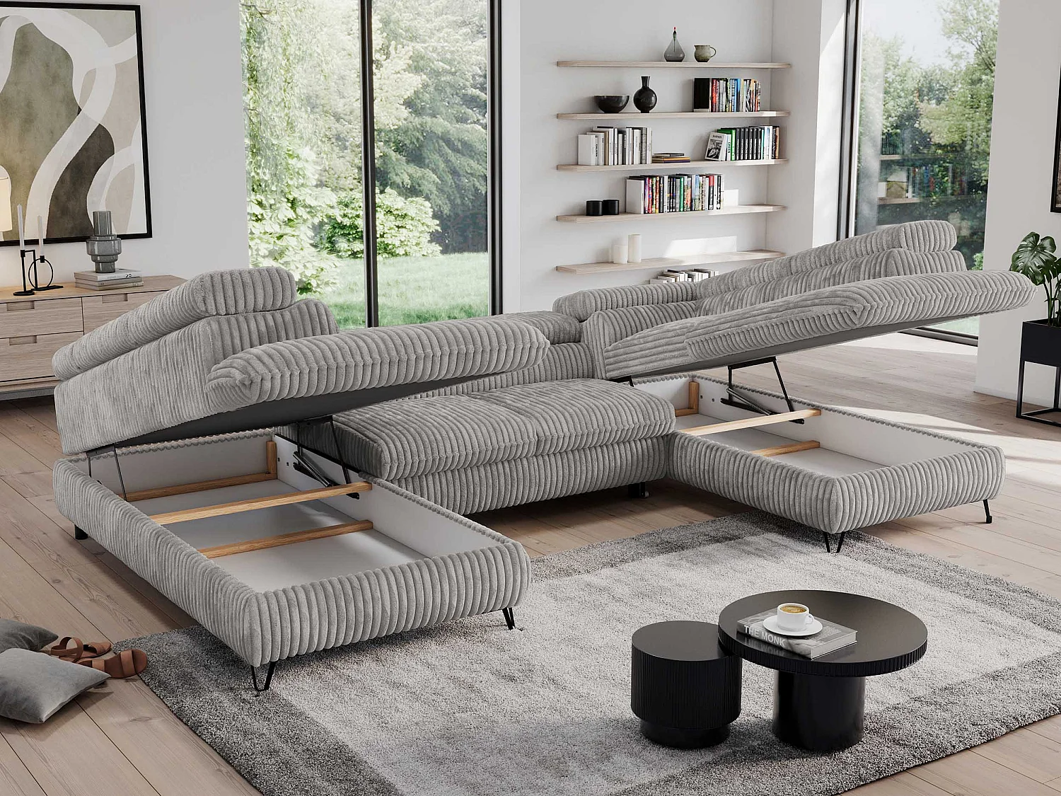 Ecksofa PEDRO U - XXL U-förmige Ecke, schlaffunktion und Bettkästen - Grau Cord