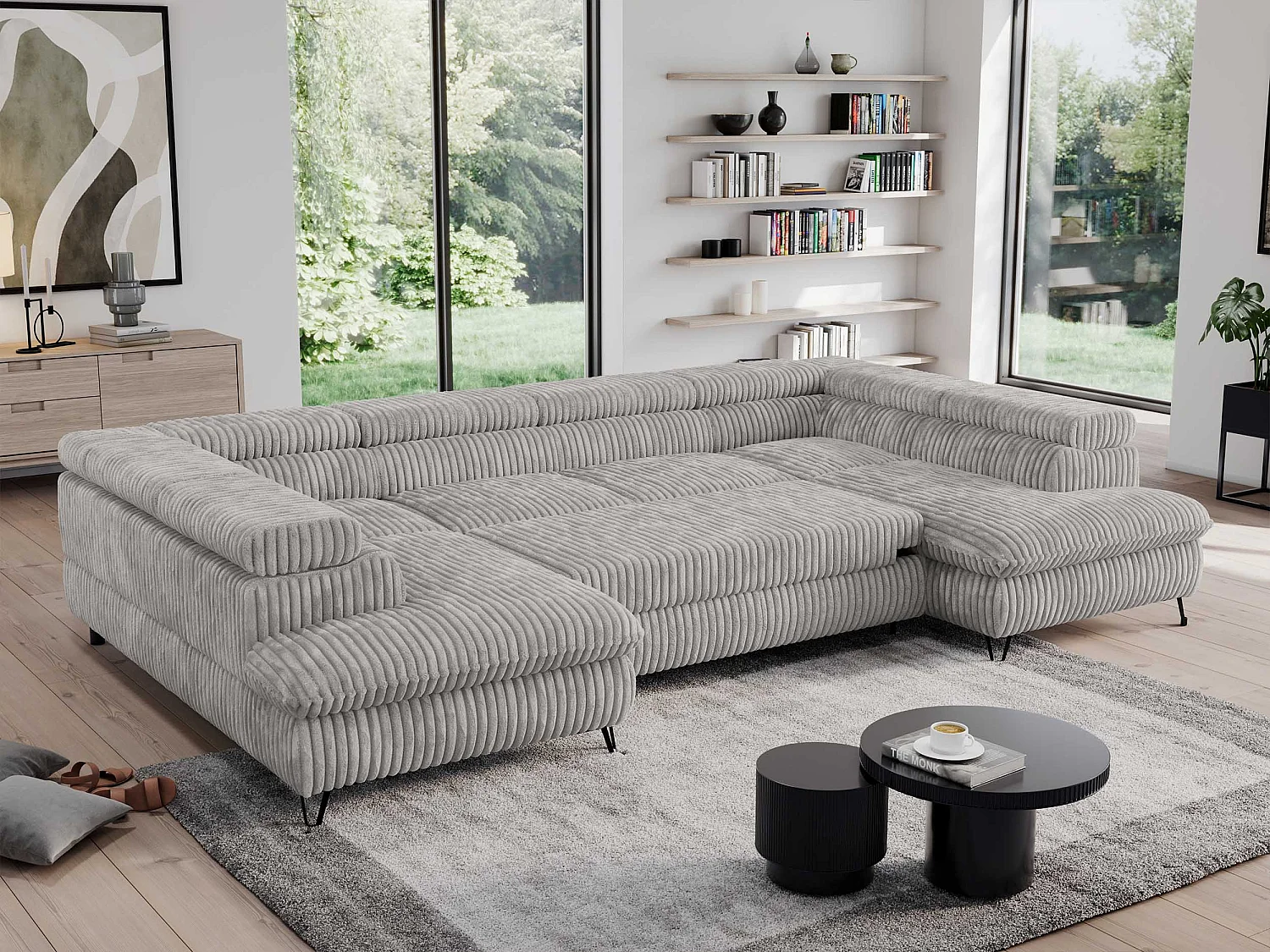 Ecksofa PEDRO U - XXL U-förmige Ecke, schlaffunktion und Bettkästen - Grau Cord