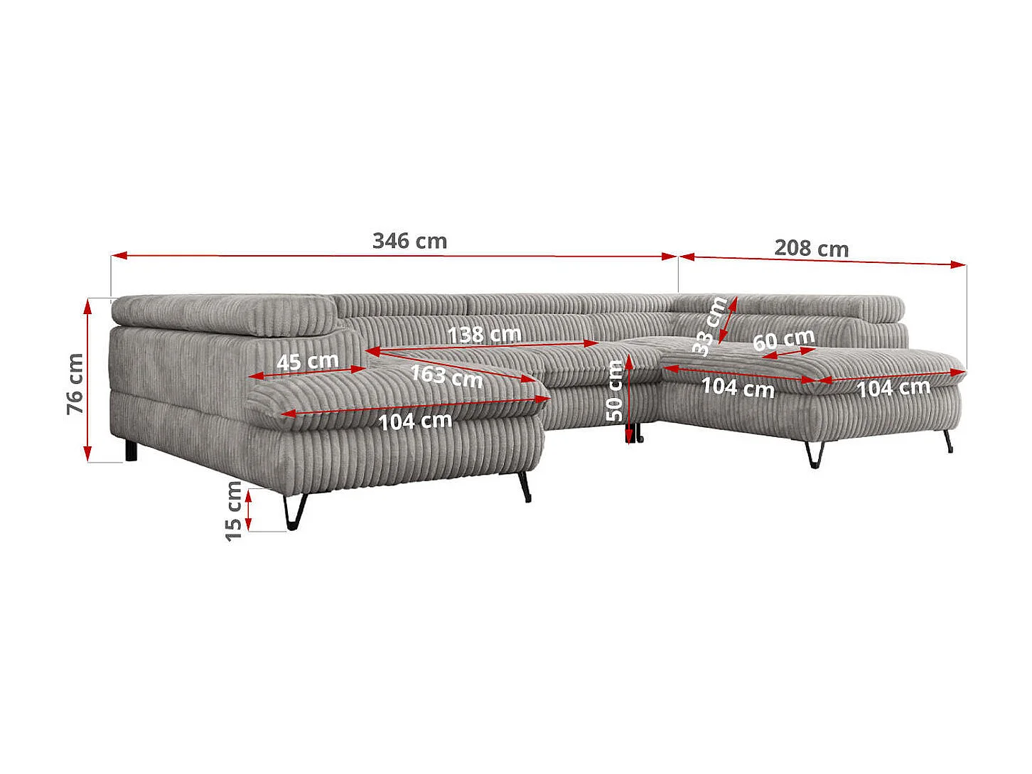 Ecksofa PEDRO U - XXL U-förmige Ecke, schlaffunktion und Bettkästen - Grau Cord