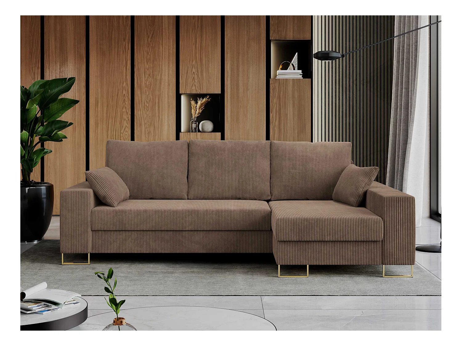 Ecksofa DORIAN - schlaffunktion und Bettkasten, lose Kissen - Hellbraun Cord