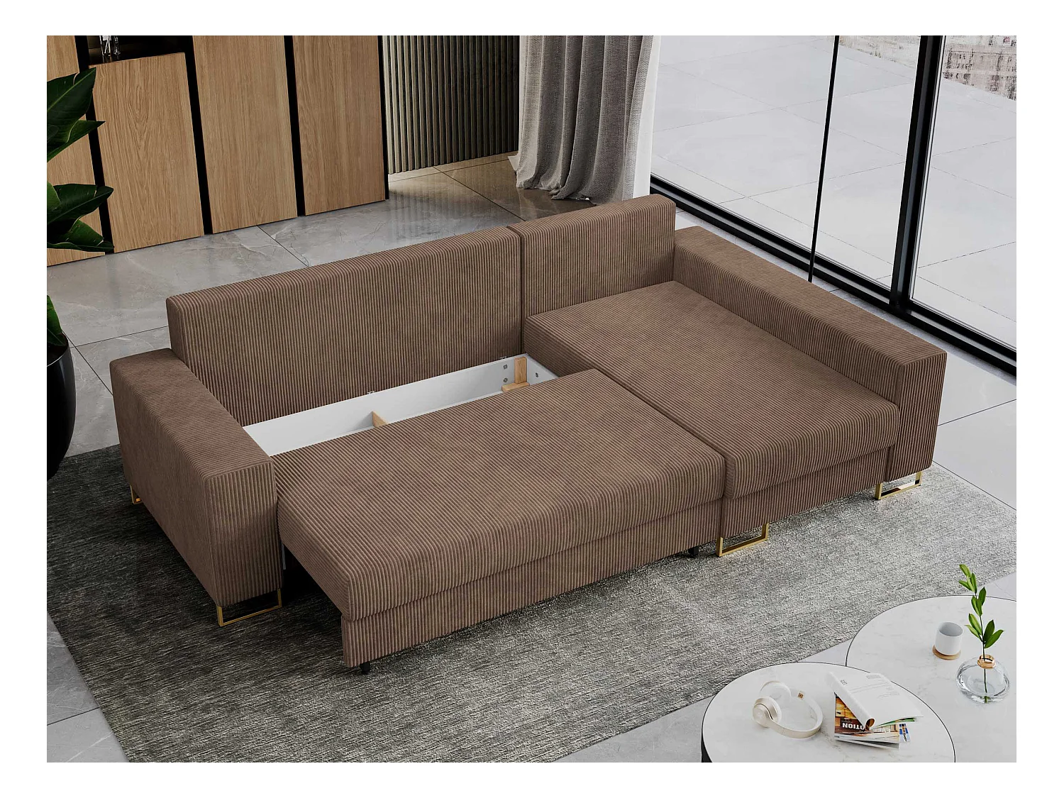 Ecksofa DORIAN - schlaffunktion und Bettkasten, lose Kissen - Hellbraun Cord